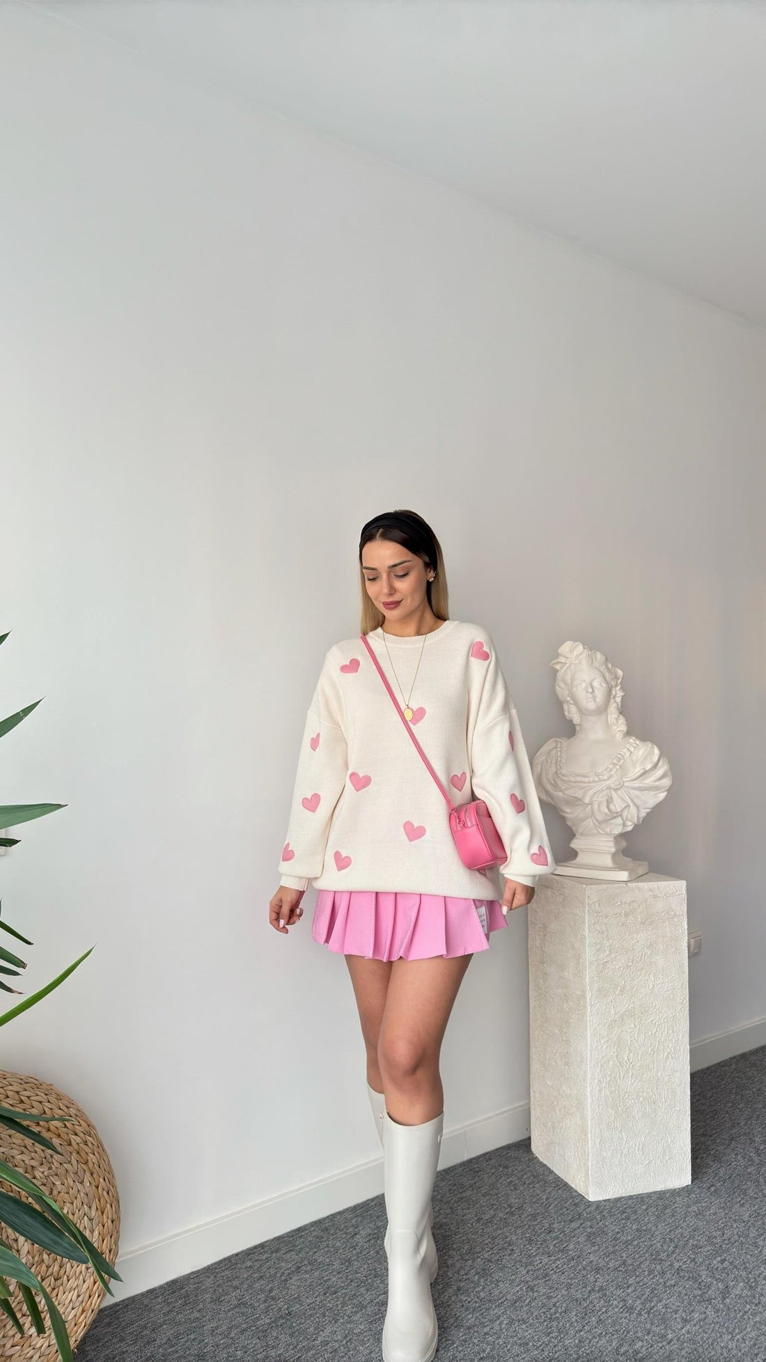 Pink Heart Embroidered Ecru Sweater