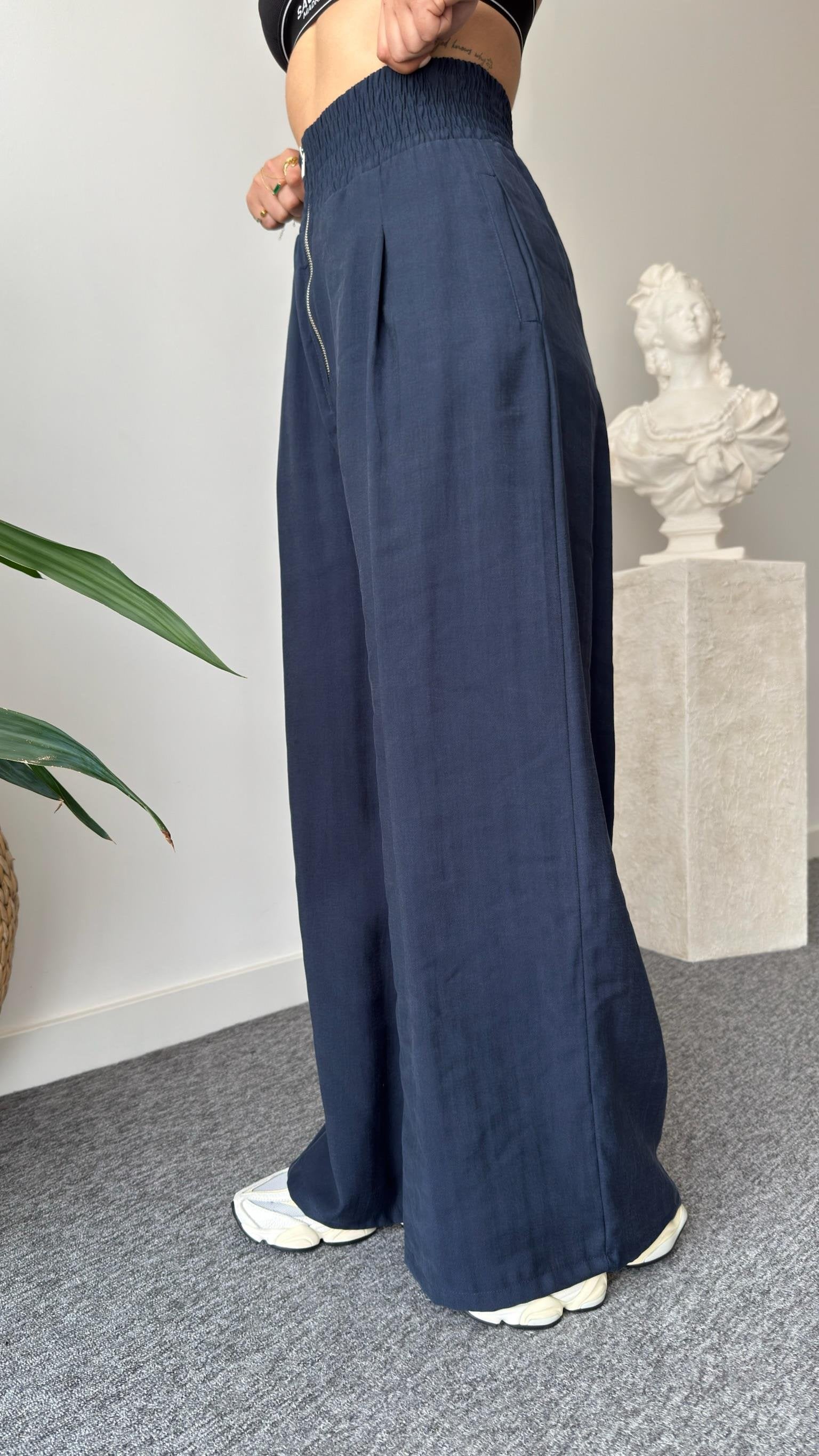 Navy Blue Zipper Detailed Tencel Suit