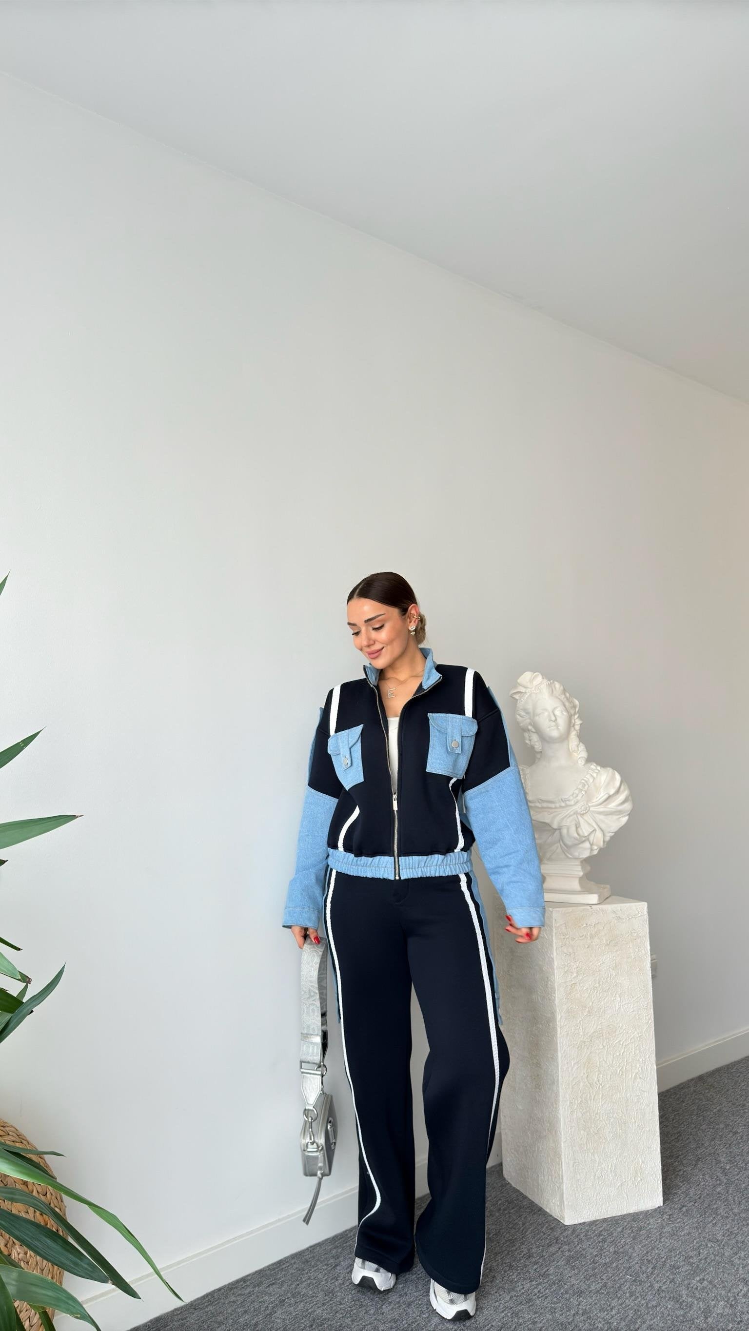 Navy Blue Tero Denim Garnished Tracksuit