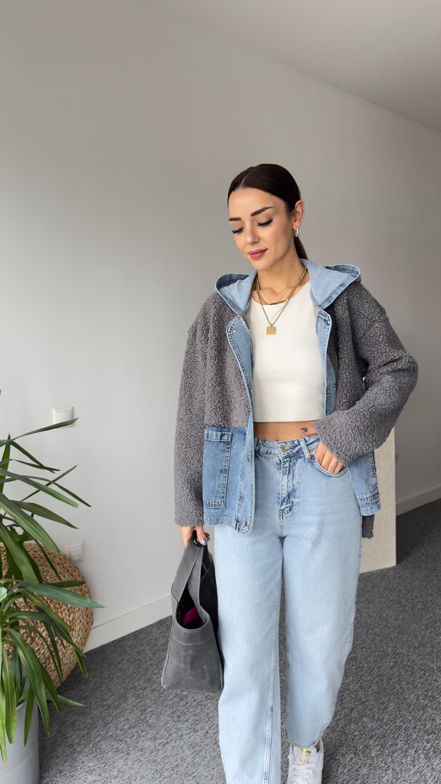 Anthracite Teddy Jacket with Denim Details