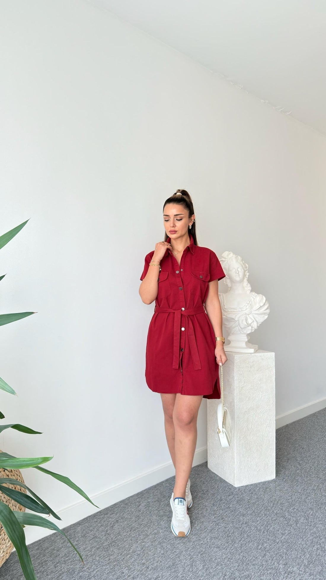 Burgundy Heren Belted Gabardine Dress