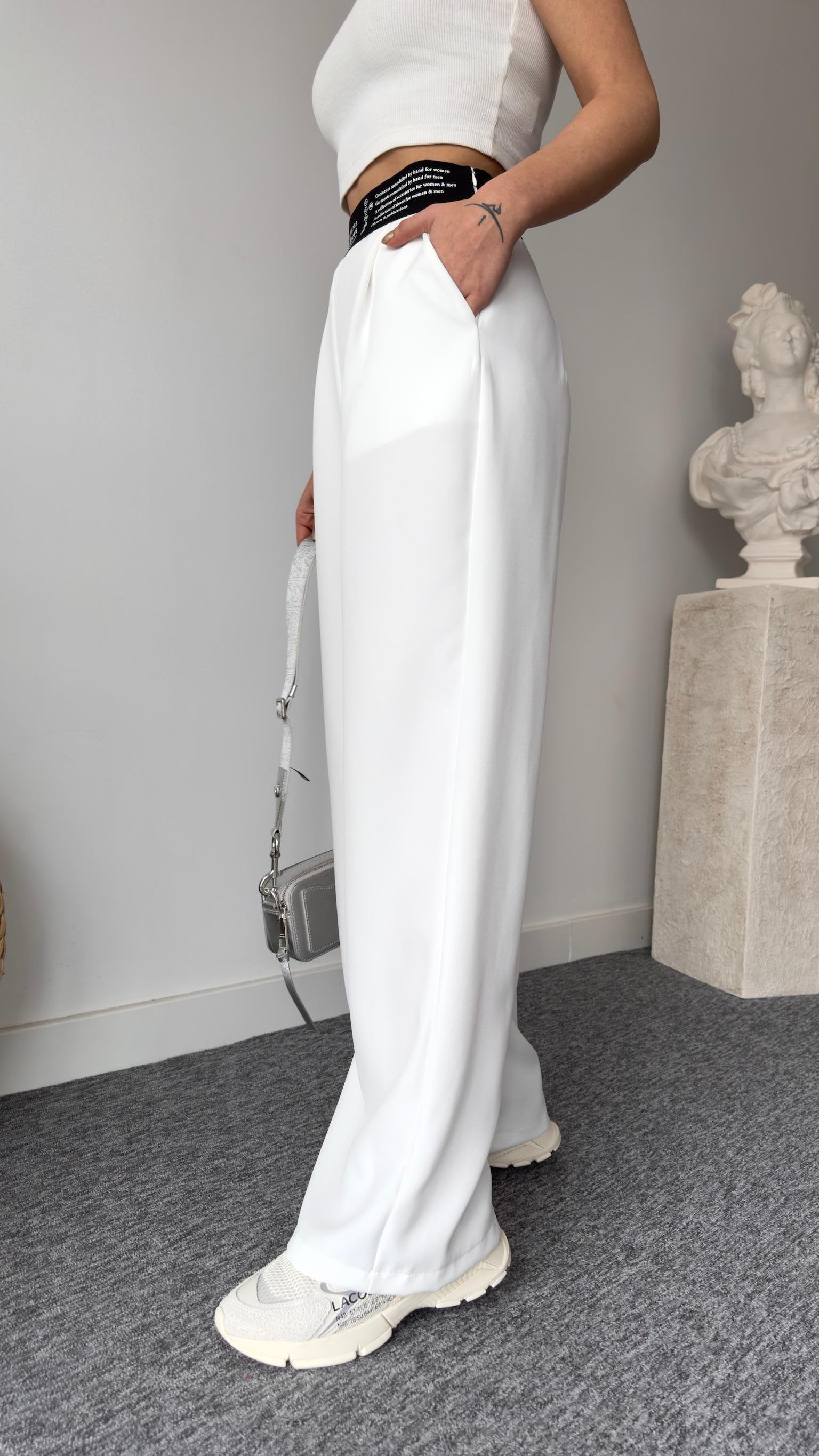 White Trousers with Pugna Waist Print