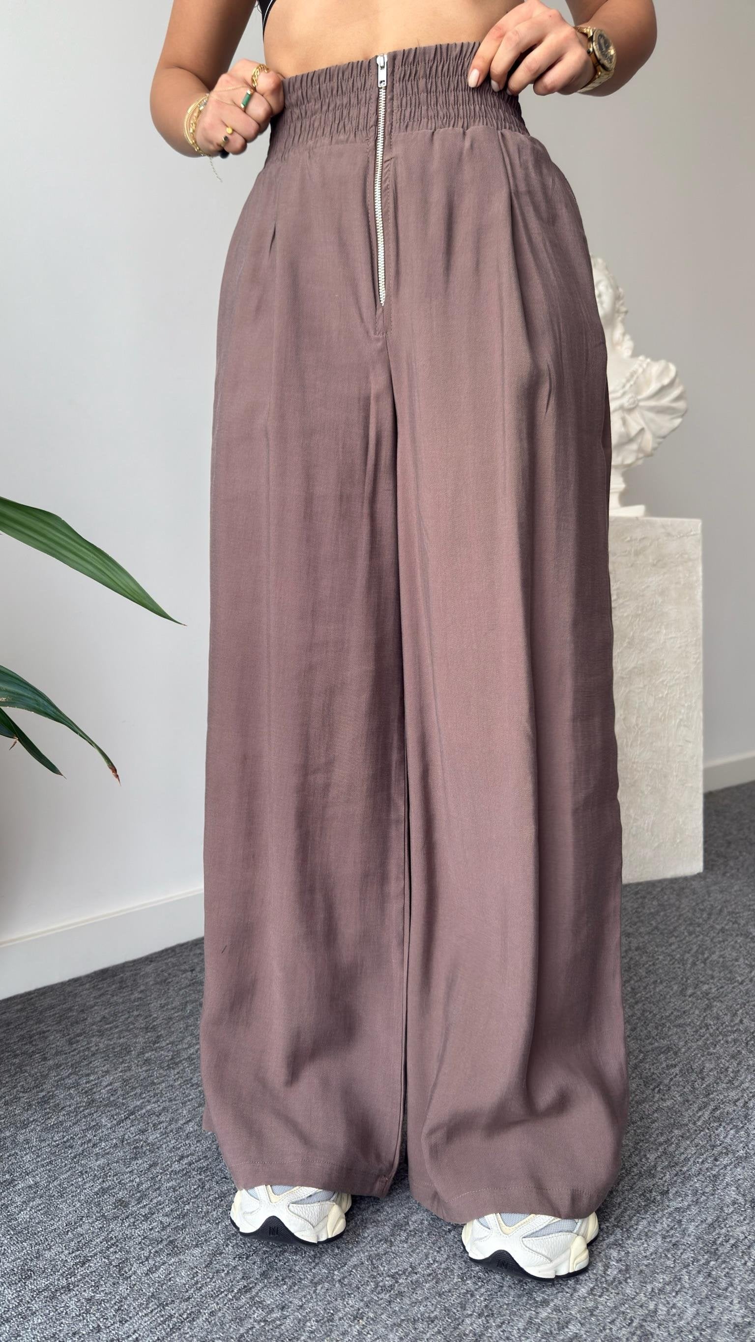 Brown Blue Zipper Detailed Tencel Suit