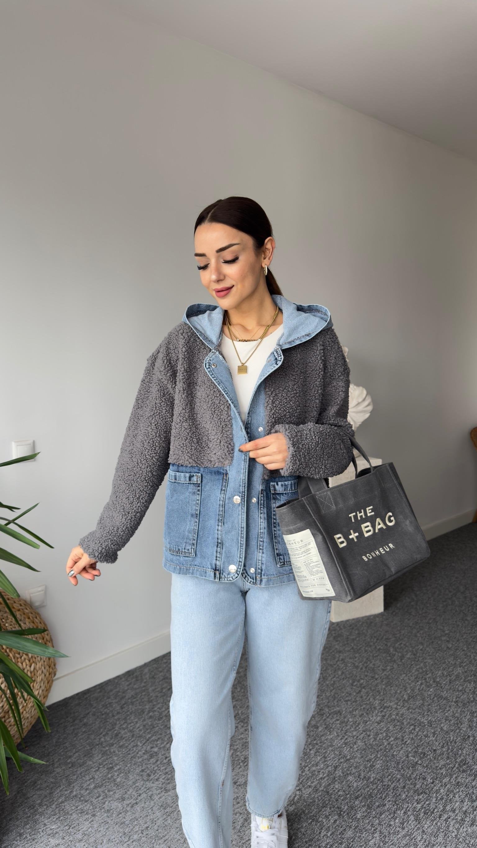 Anthracite Teddy Jacket with Denim Details