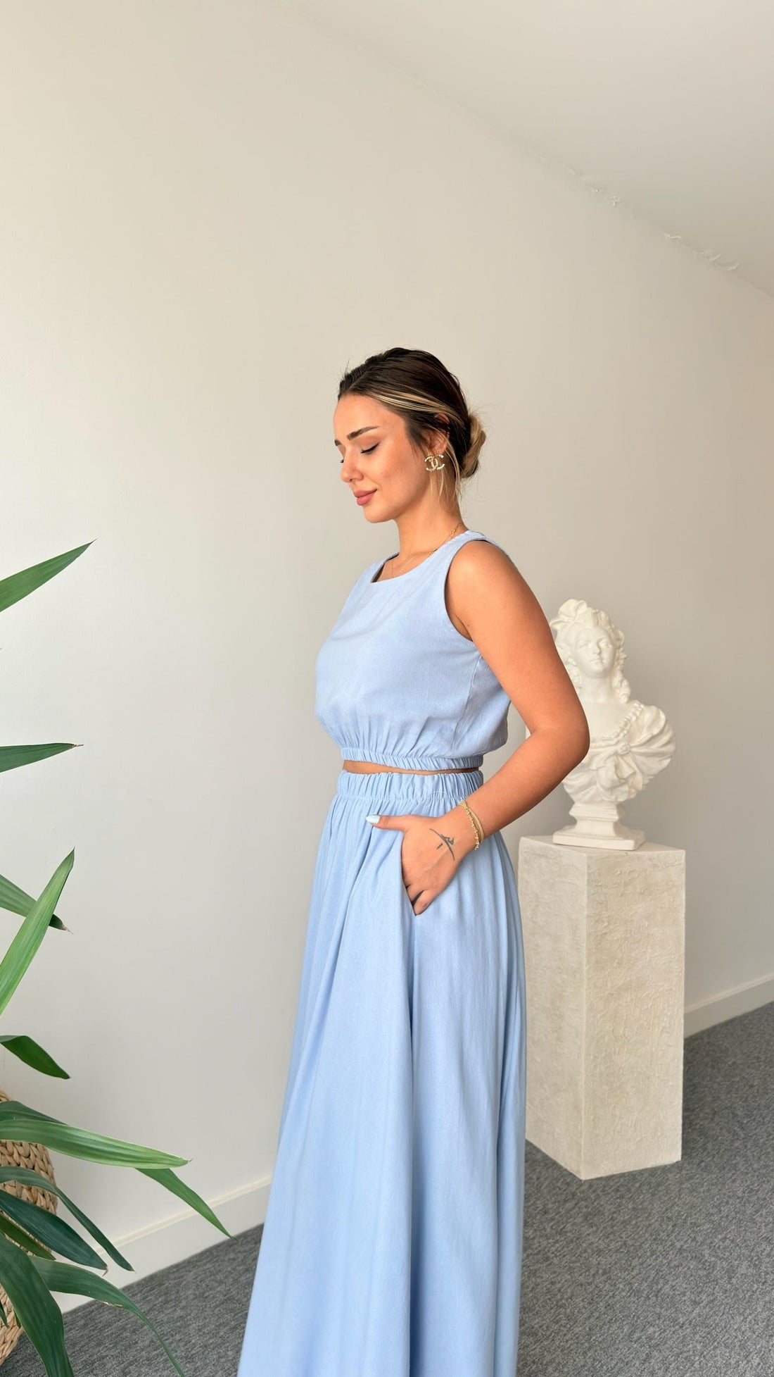 Blue Linen Skirt Crop Suit
