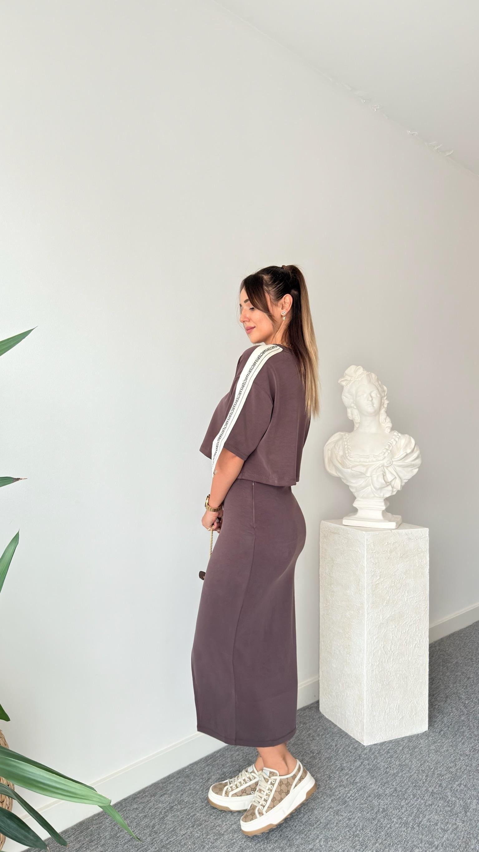 Brown Chima Modal Suit with Stripe Detailed Skirt