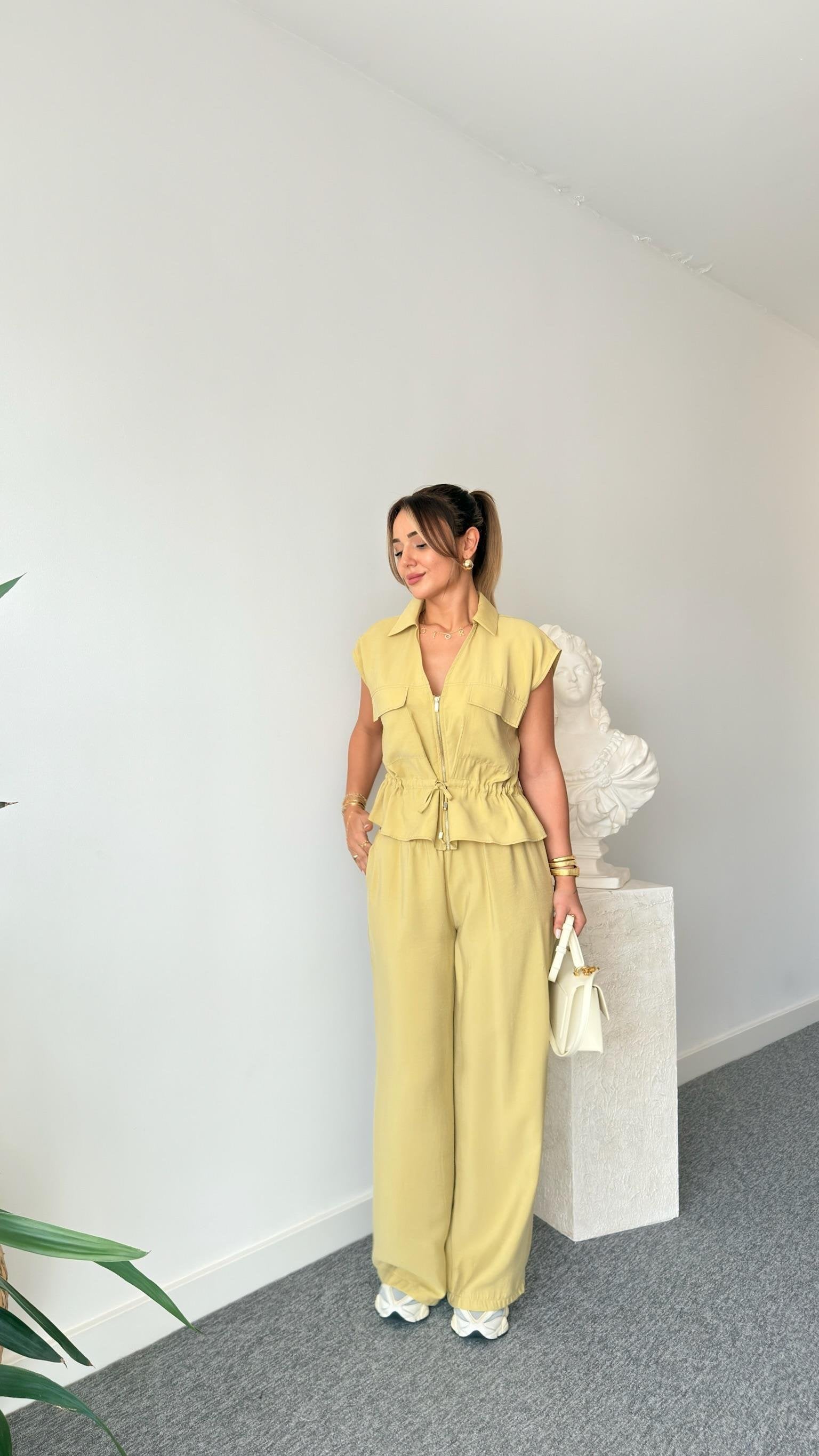 Green Porle Waist Pleated Tencel Suit