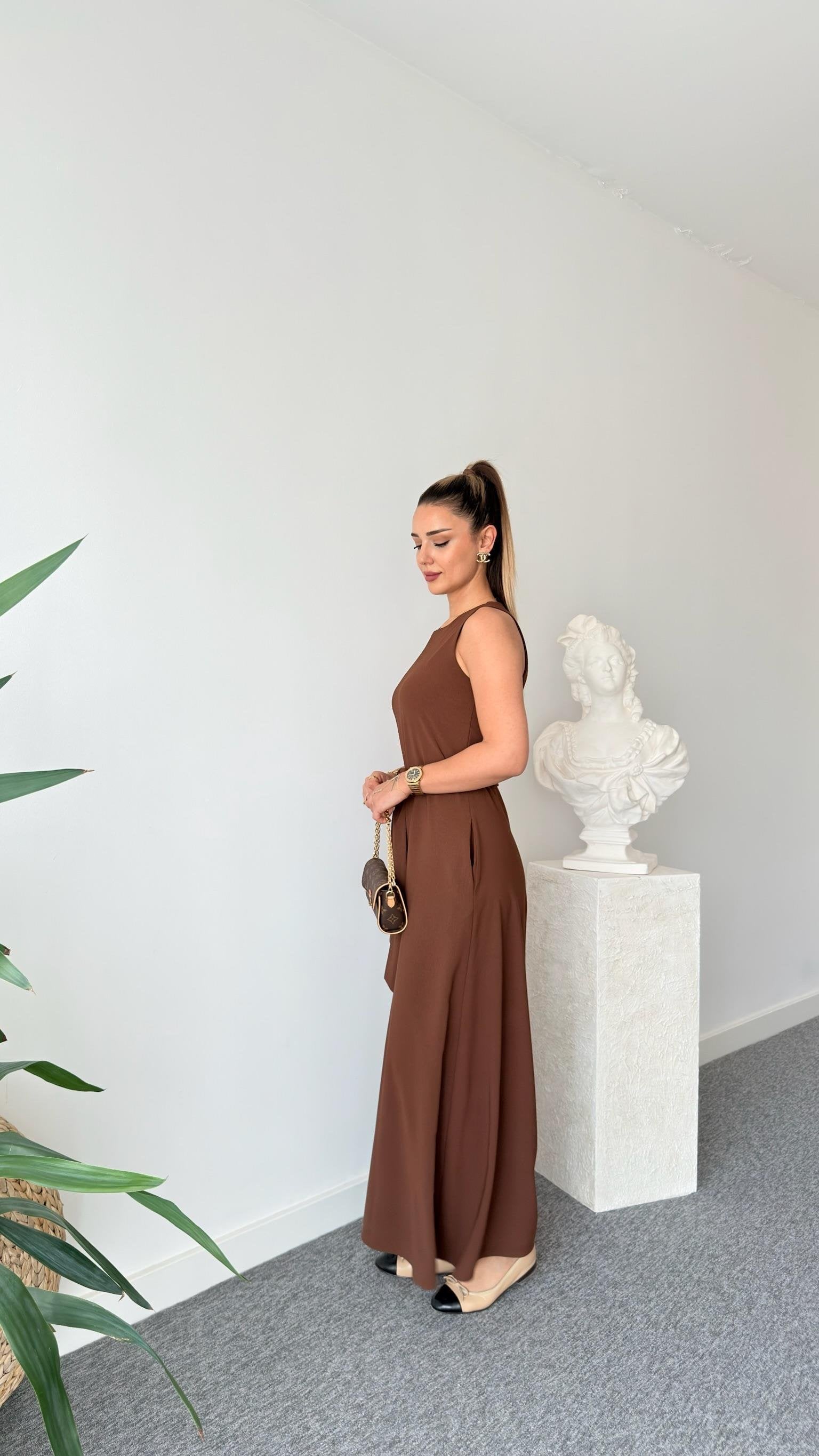 Brown Carta Belted Wide Leg Jumpsuit