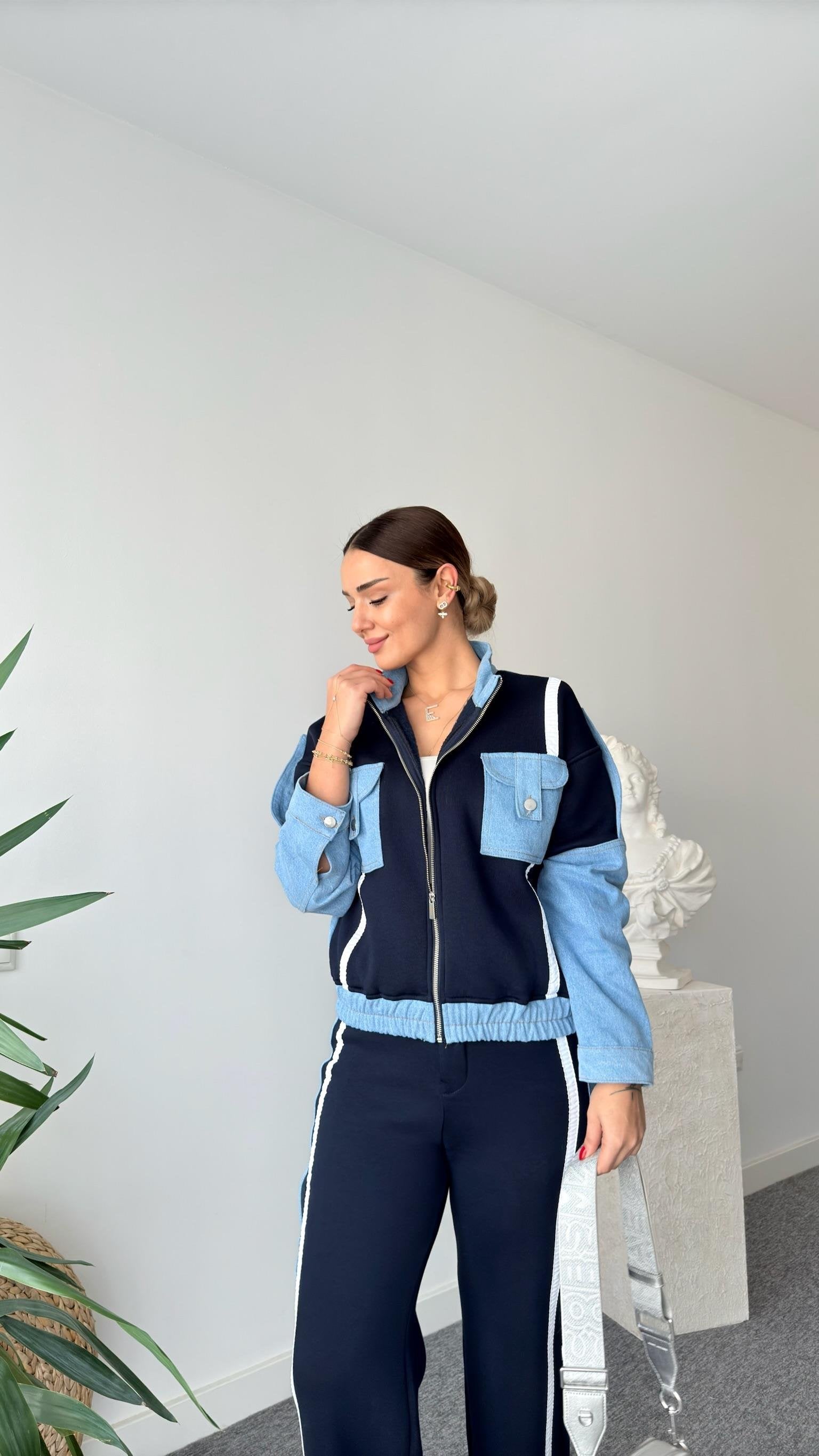 Navy Blue Tero Denim Garnished Tracksuit