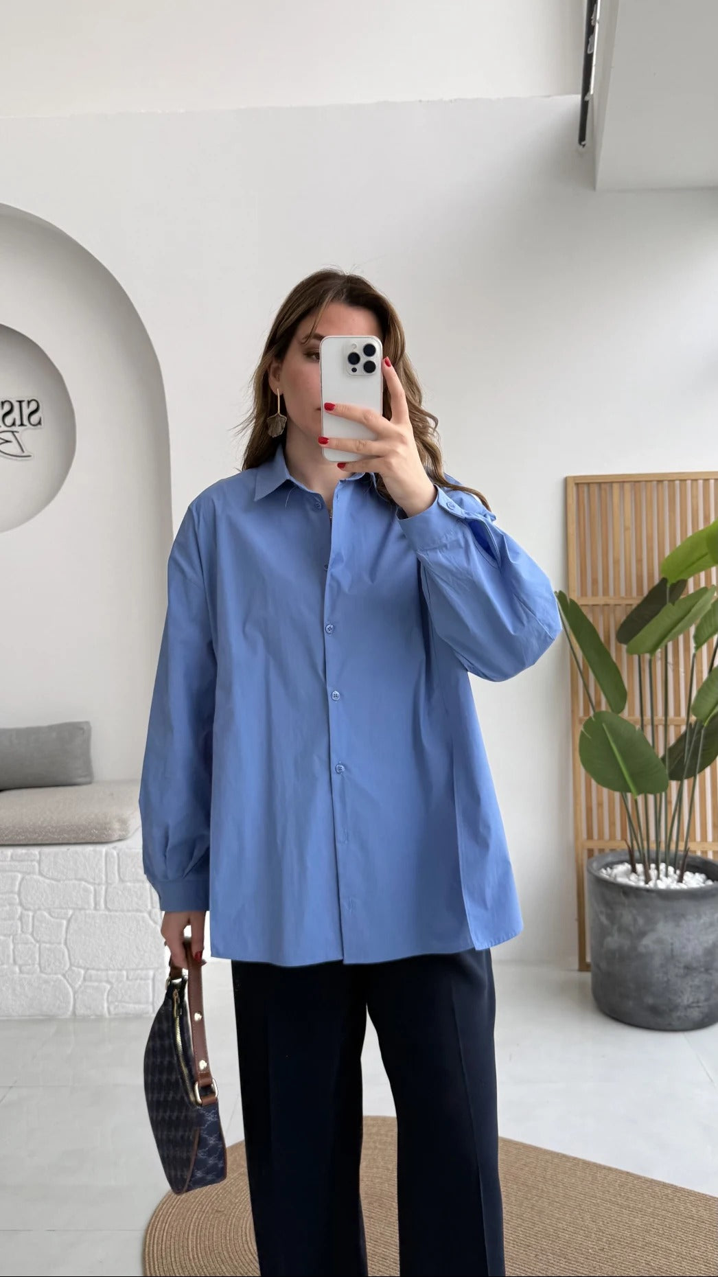 Front Slit Oversize Poplin Blue Shirt