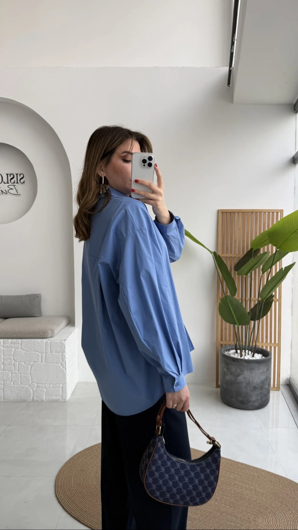 Front Slit Oversize Poplin Blue Shirt