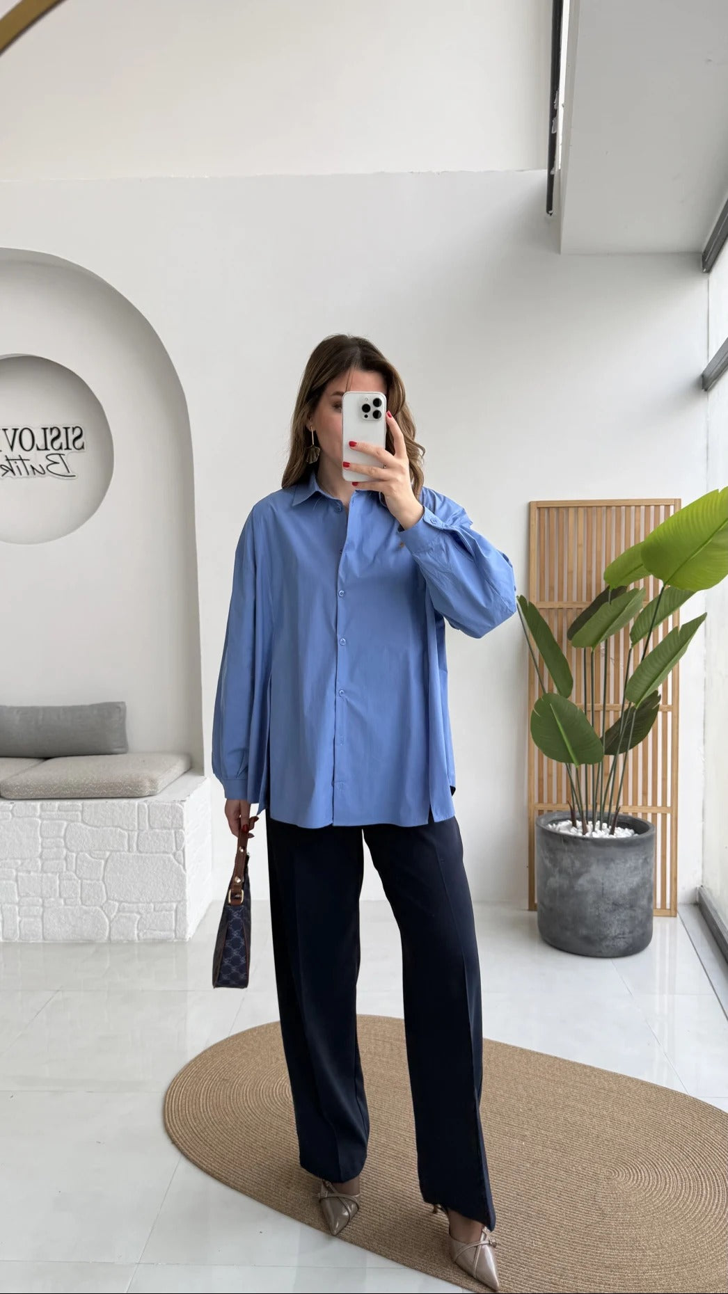 Front Slit Oversize Poplin Blue Shirt