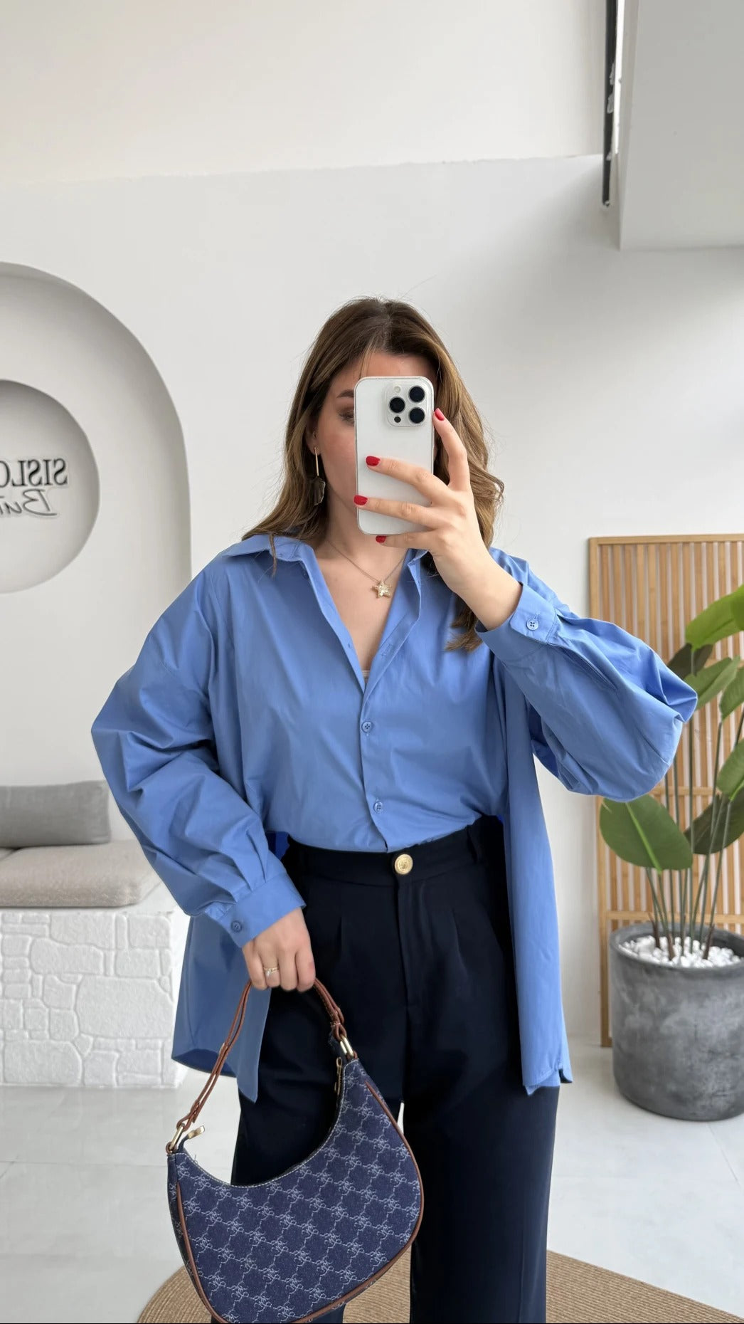 Front Slit Oversize Poplin Blue Shirt