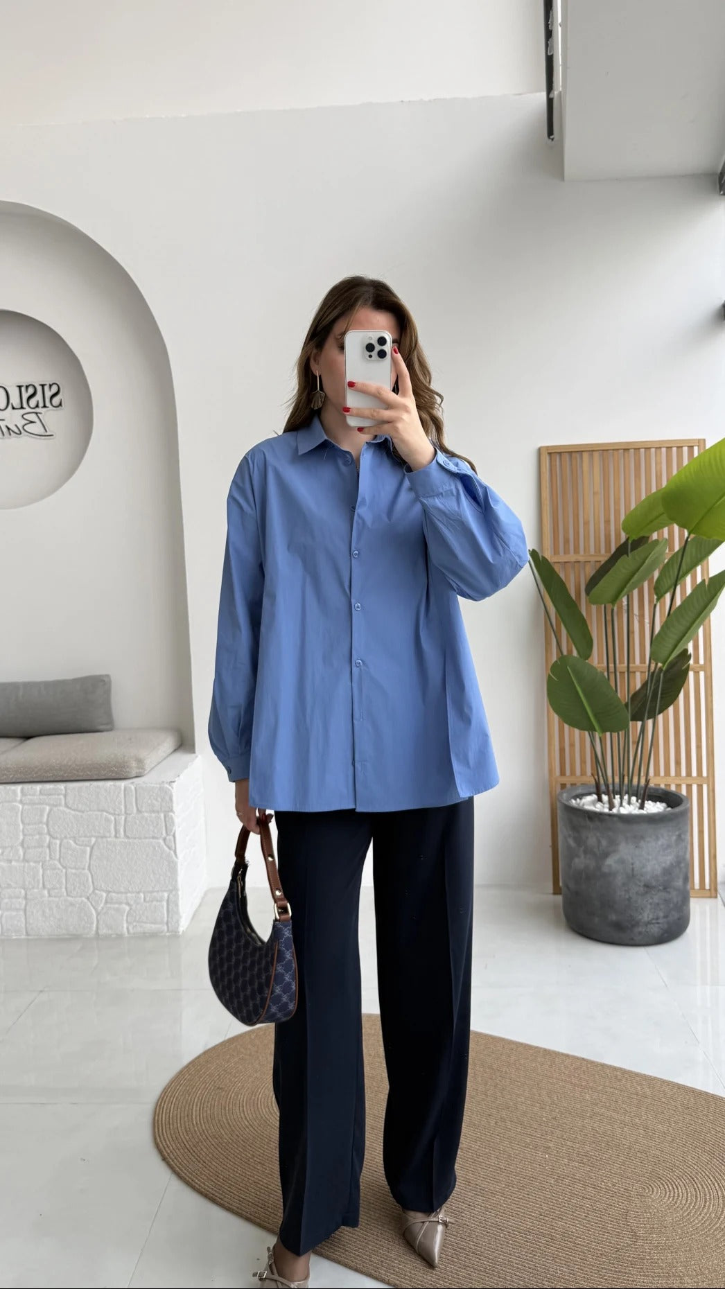 Front Slit Oversize Poplin Blue Shirt