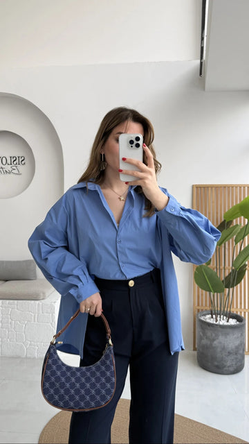 Front Slit Oversize Poplin Blue Shirt