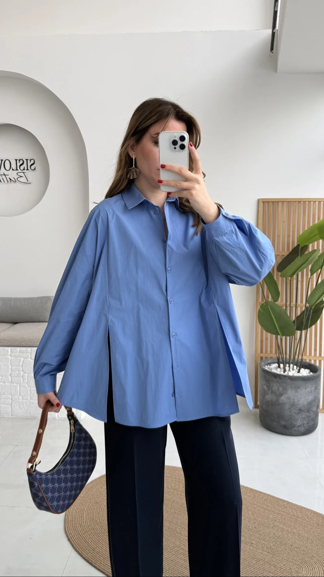 Front Slit Oversize Poplin Blue Shirt
