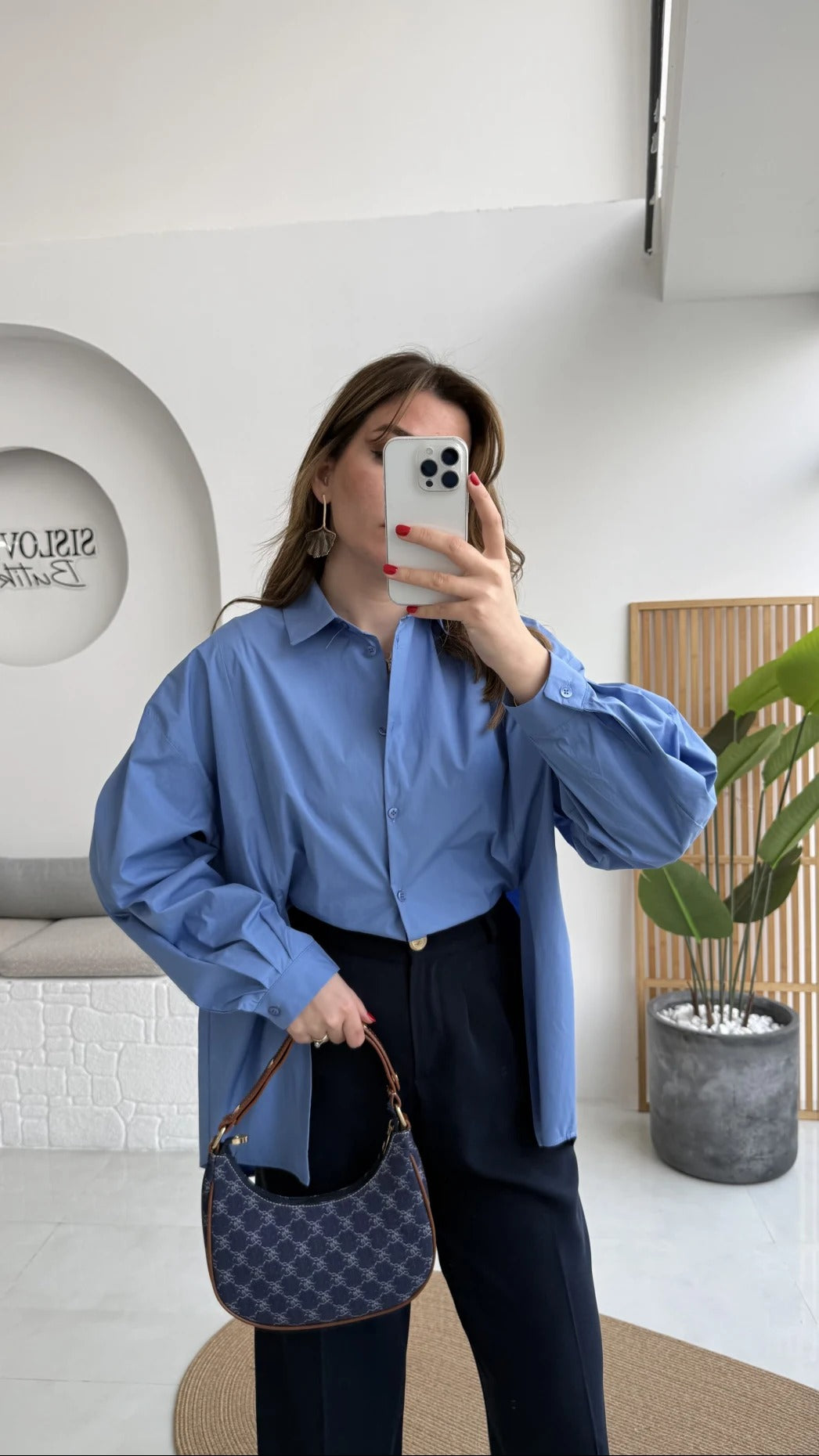 Front Slit Oversize Poplin Blue Shirt