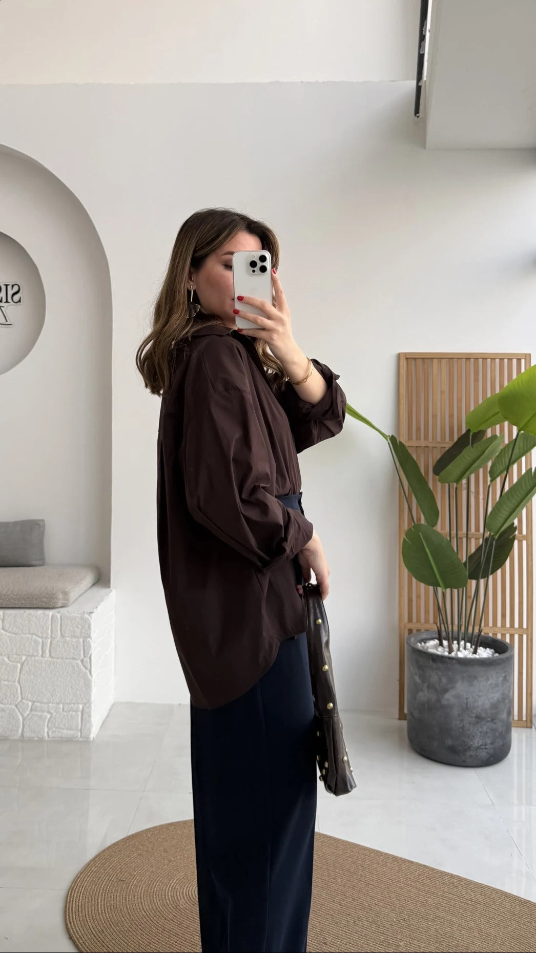 Front Slit Oversize Poplin Coffee Shirt