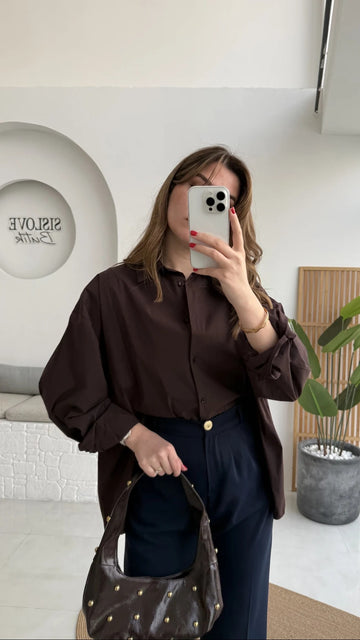 Front Slit Oversize Poplin Coffee Shirt