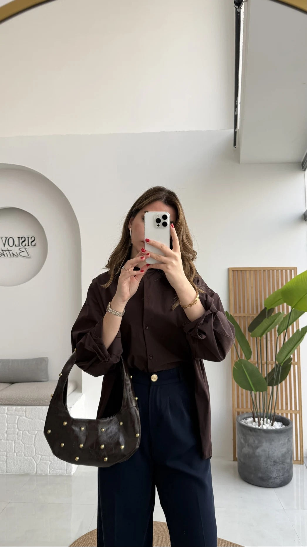 Front Slit Oversize Poplin Coffee Shirt