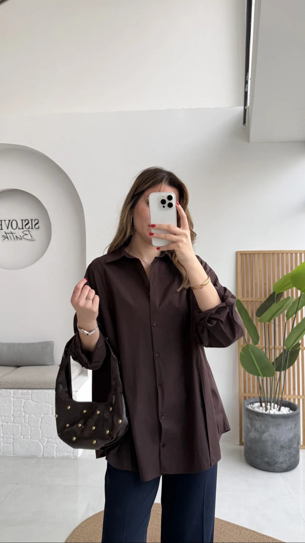 Front Slit Oversize Poplin Coffee Shirt