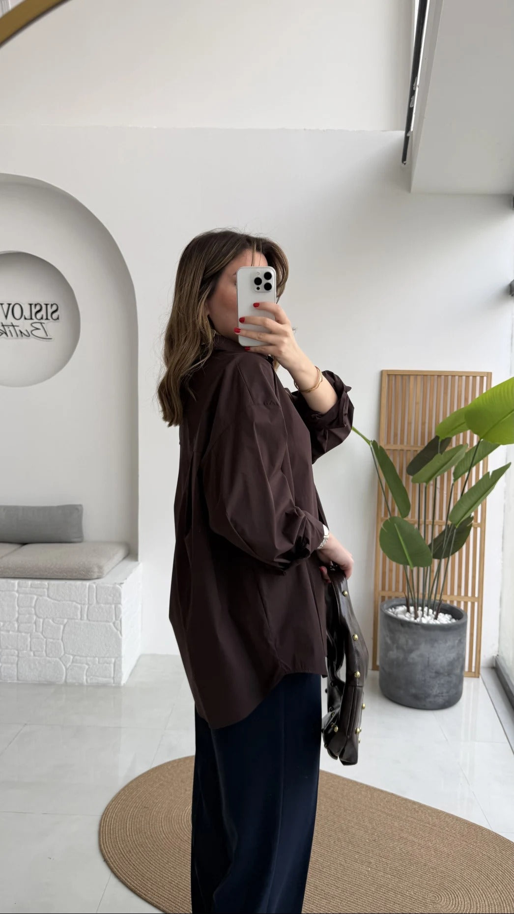 Front Slit Oversize Poplin Coffee Shirt