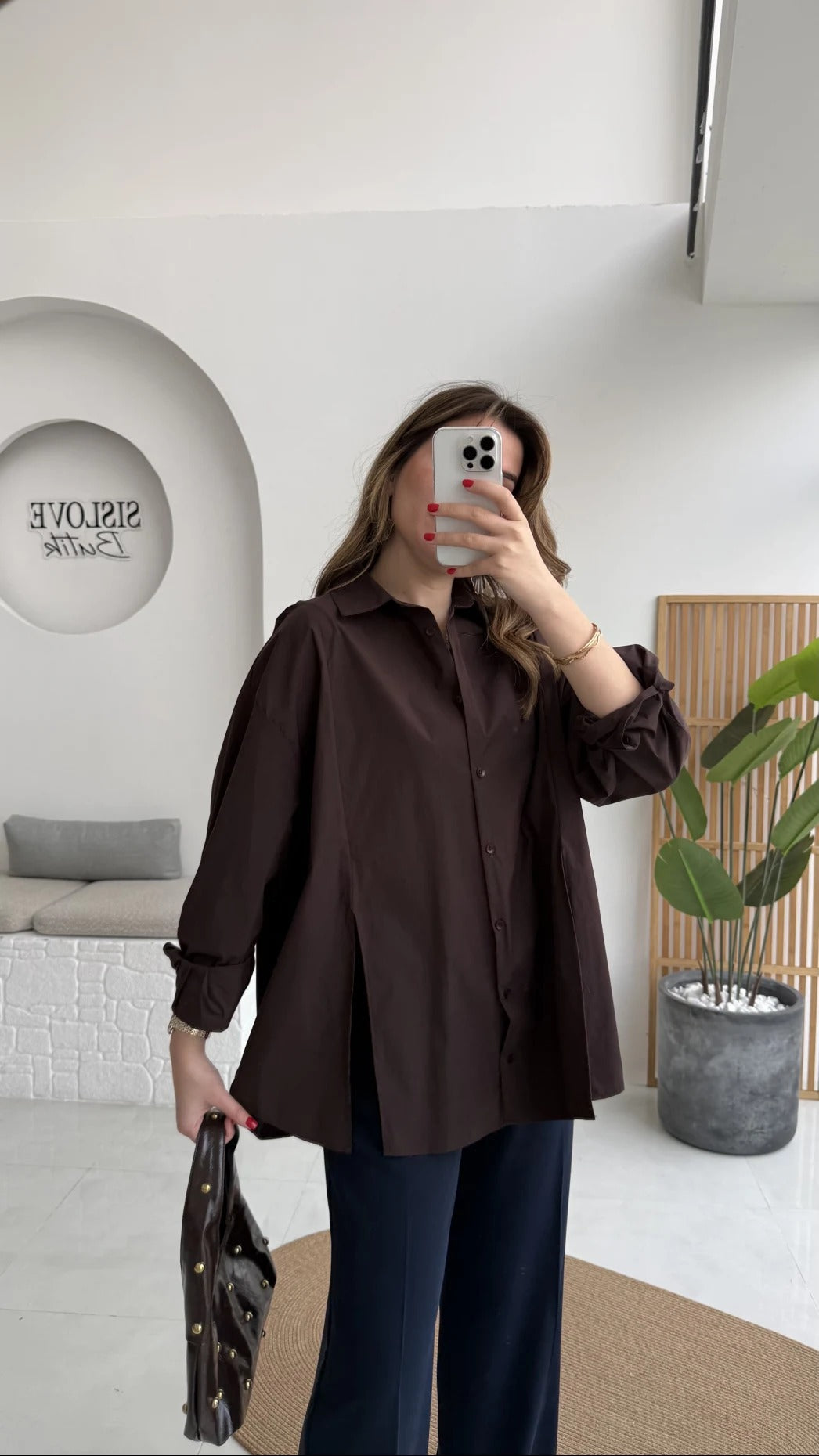 Front Slit Oversize Poplin Coffee Shirt