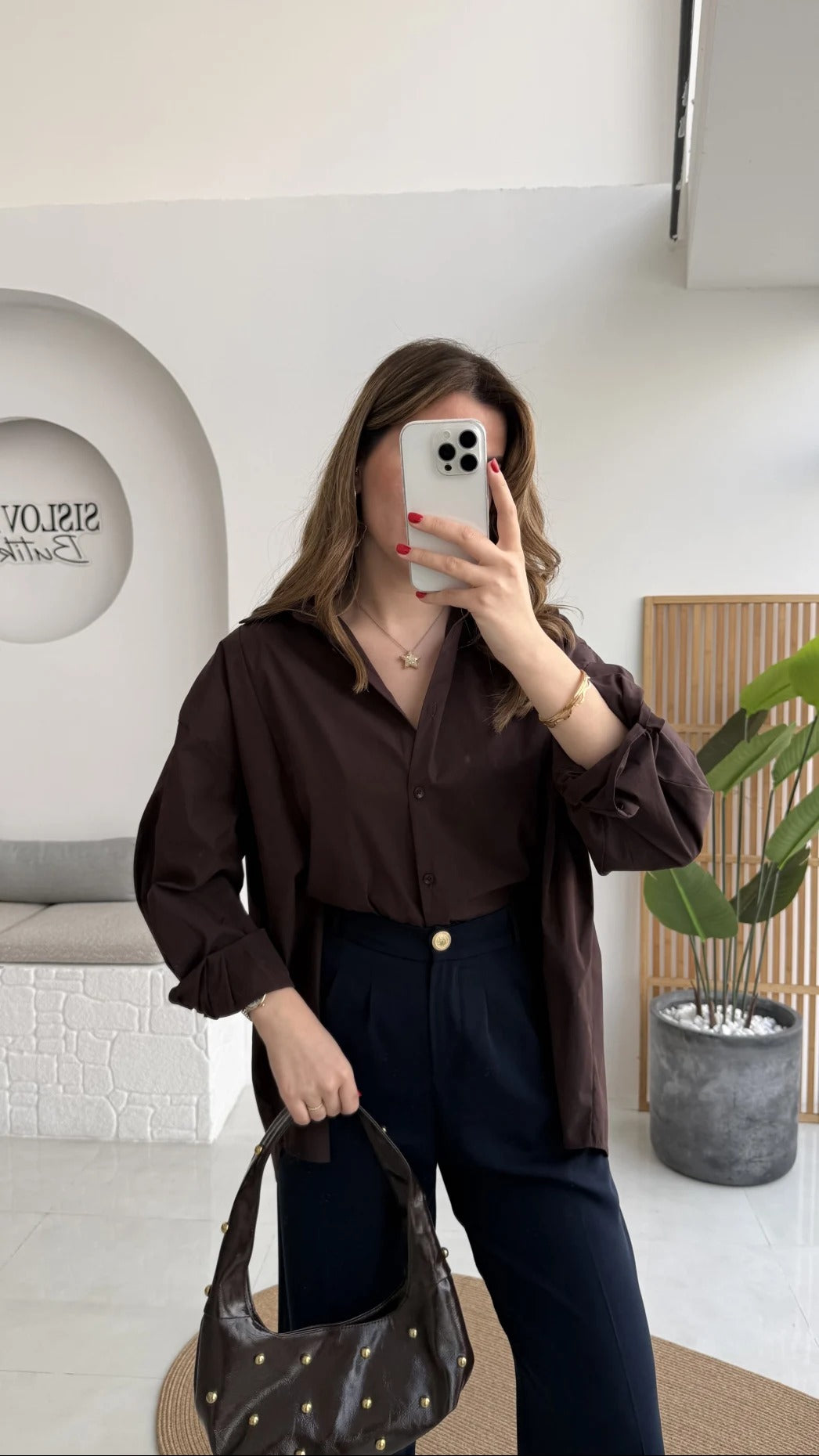 Front Slit Oversize Poplin Coffee Shirt