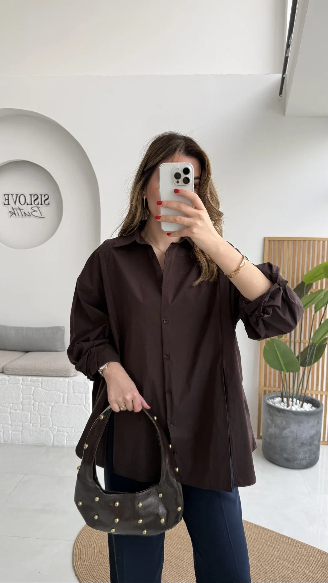 Front Slit Oversize Poplin Coffee Shirt