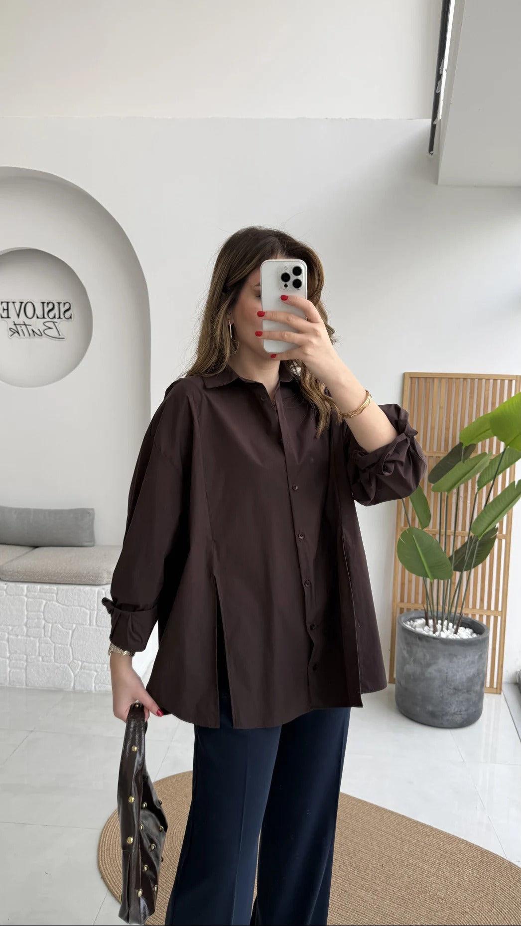 Front Slit Oversize Poplin Coffee Shirt