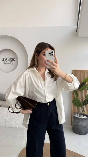 Front Slit Oversize Poplin White Shirt