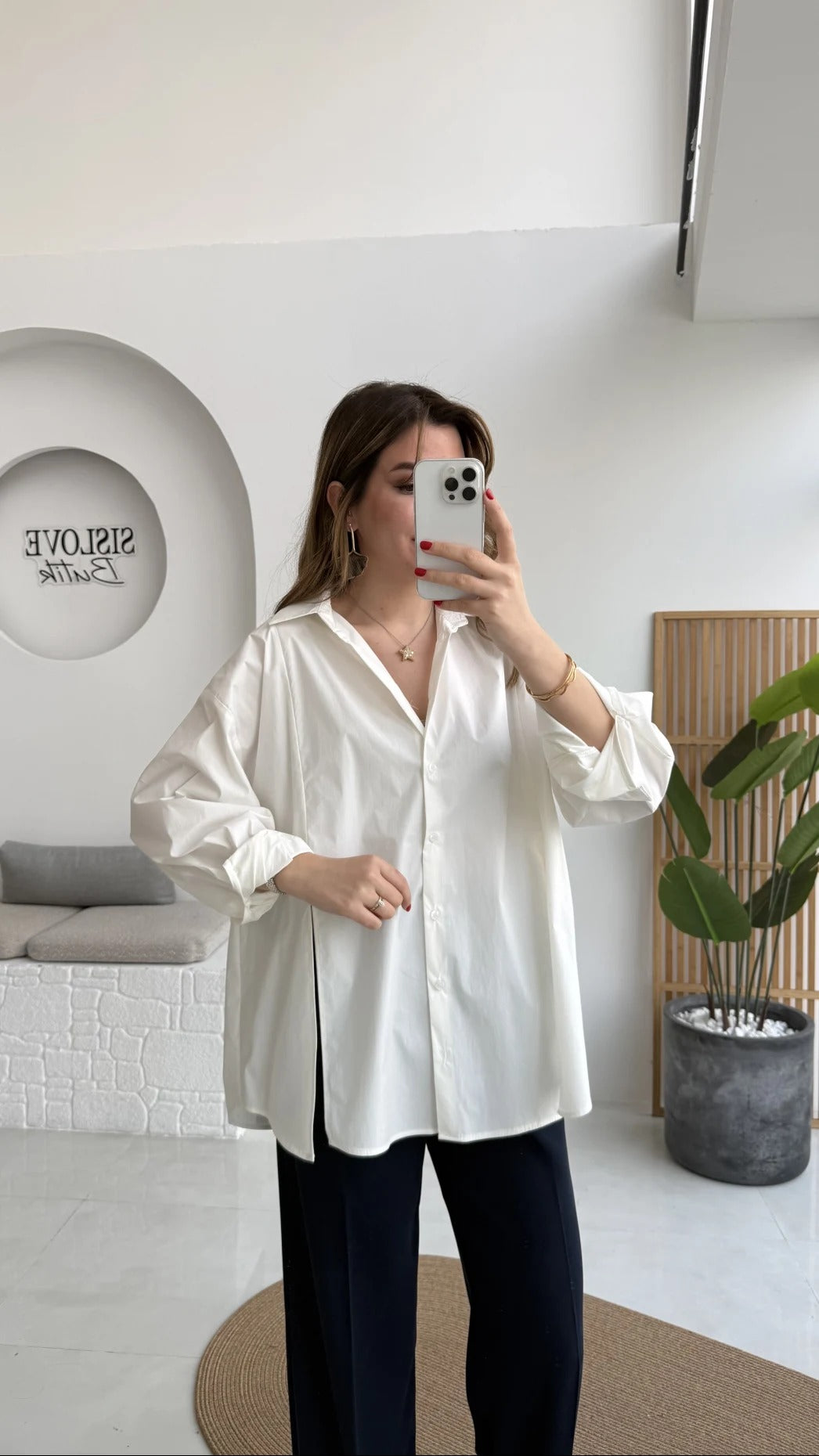 Front Slit Oversize Poplin White Shirt