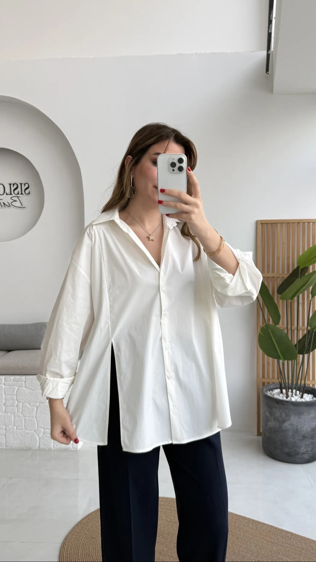 Front Slit Oversize Poplin White Shirt