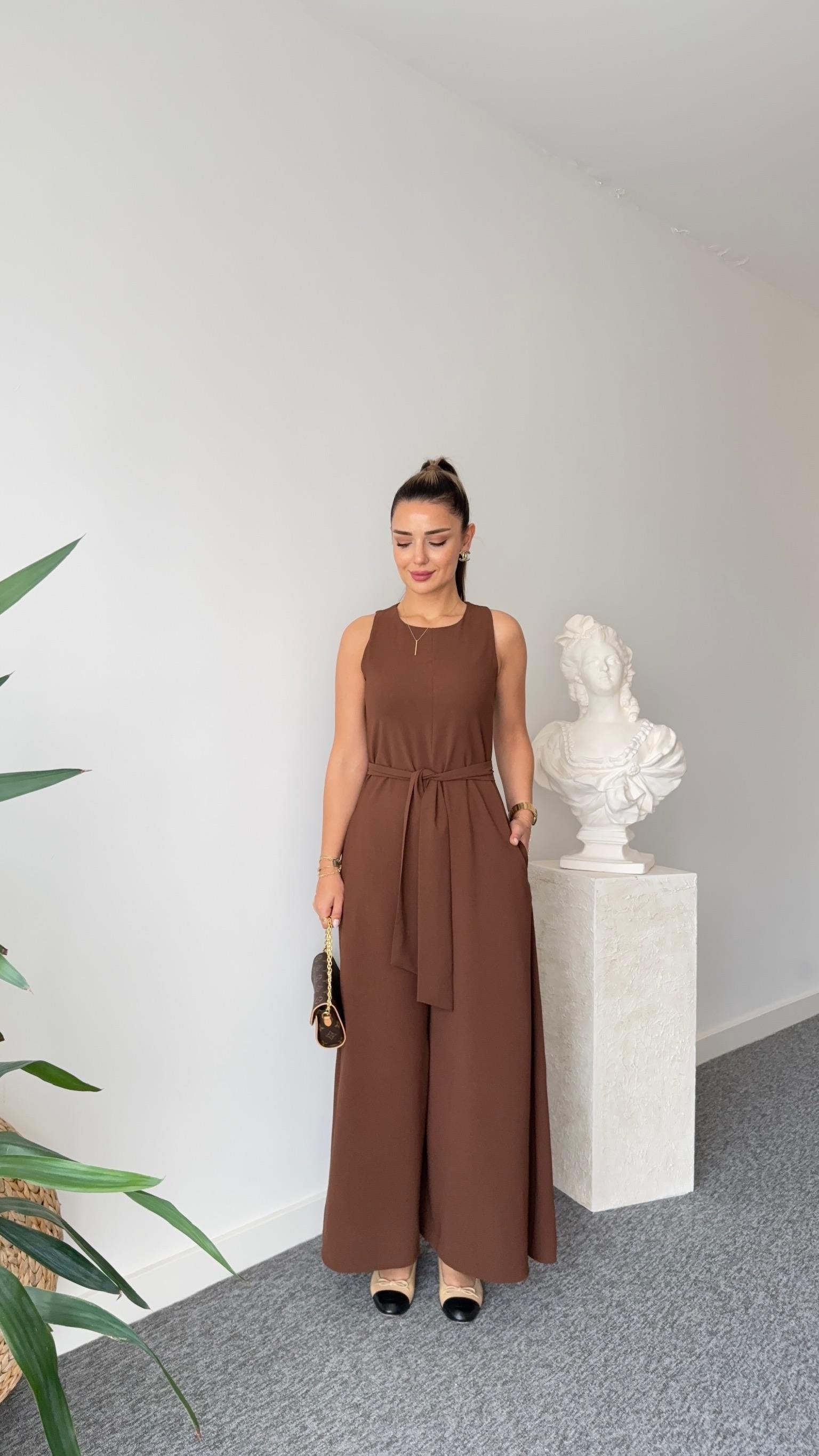 Brown Carta Belted Wide Leg Jumpsuit