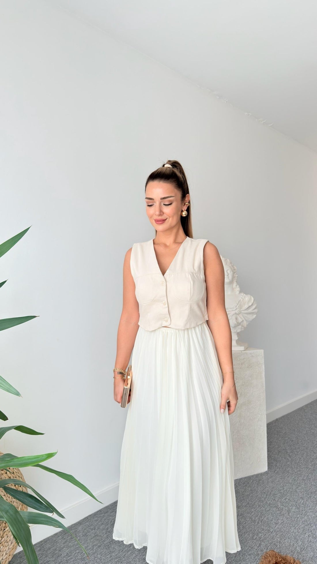 Brand Model Pleated Cream Dress with Vest Detail