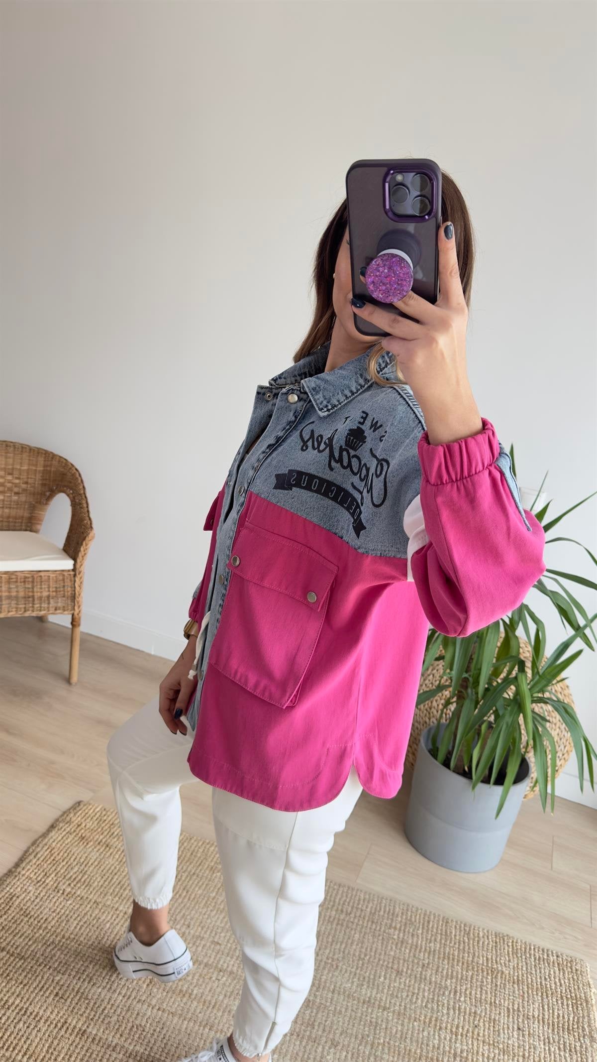 Two-Tone Design Jacket with Back Writing