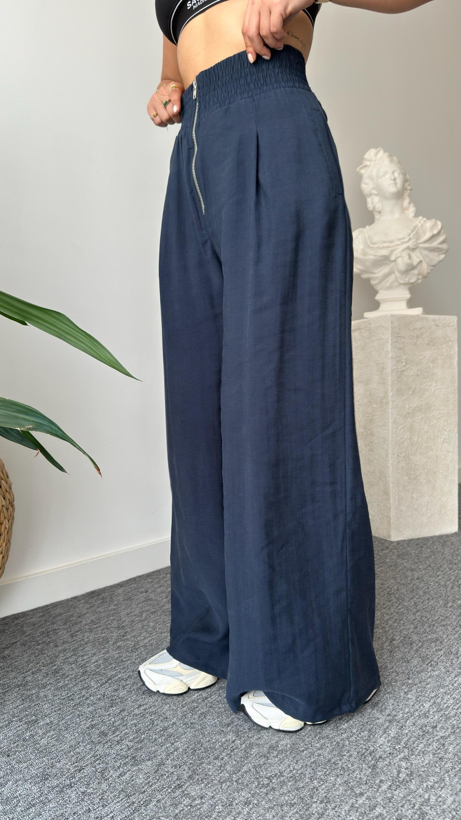Navy Blue Zipper Detailed Tencel Suit