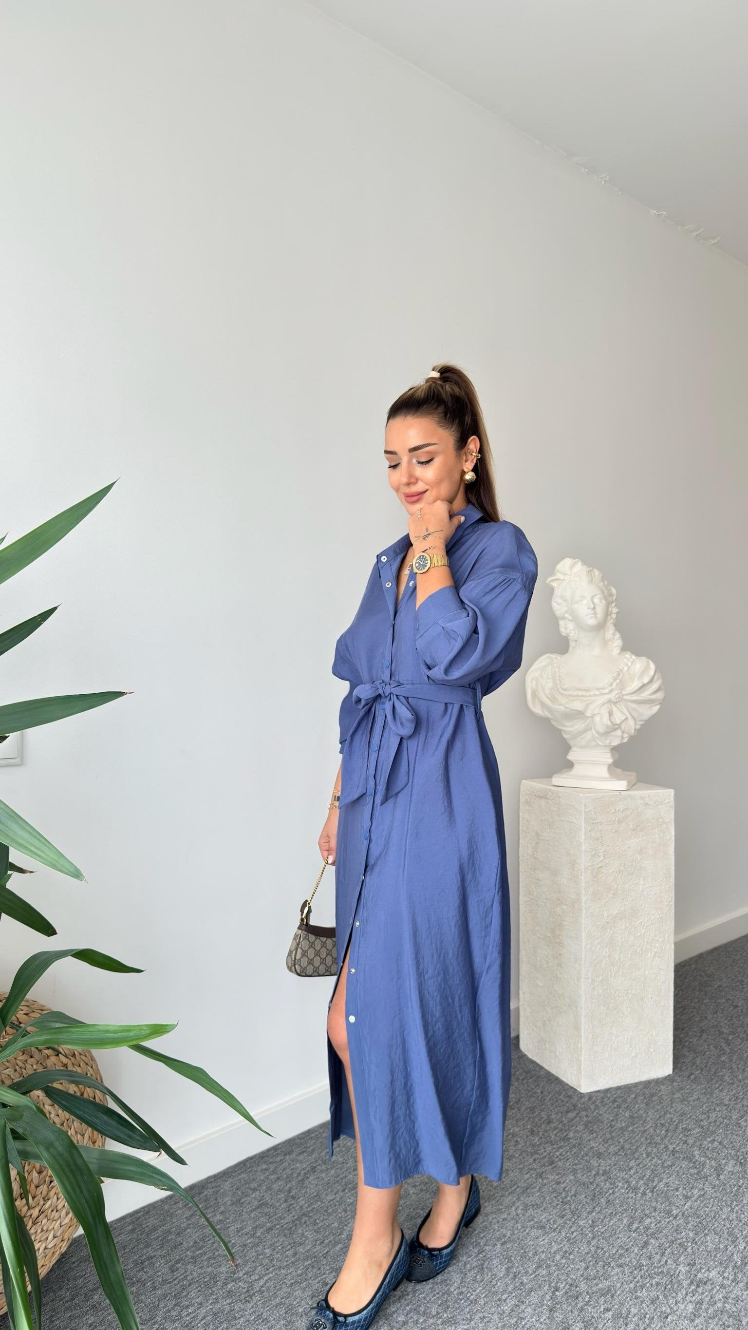 Navy Blue Serna Orj Brand Snap Button Tencel Dress