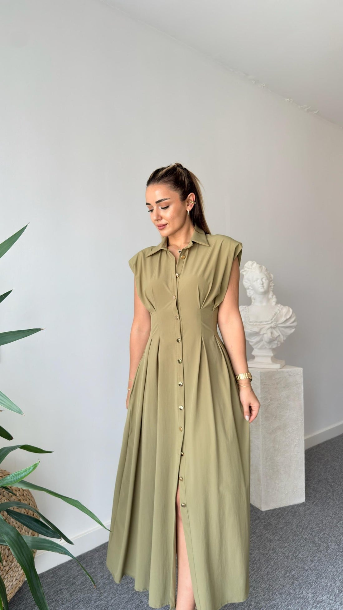 Jene Button-Down Pleated Khaki Dress