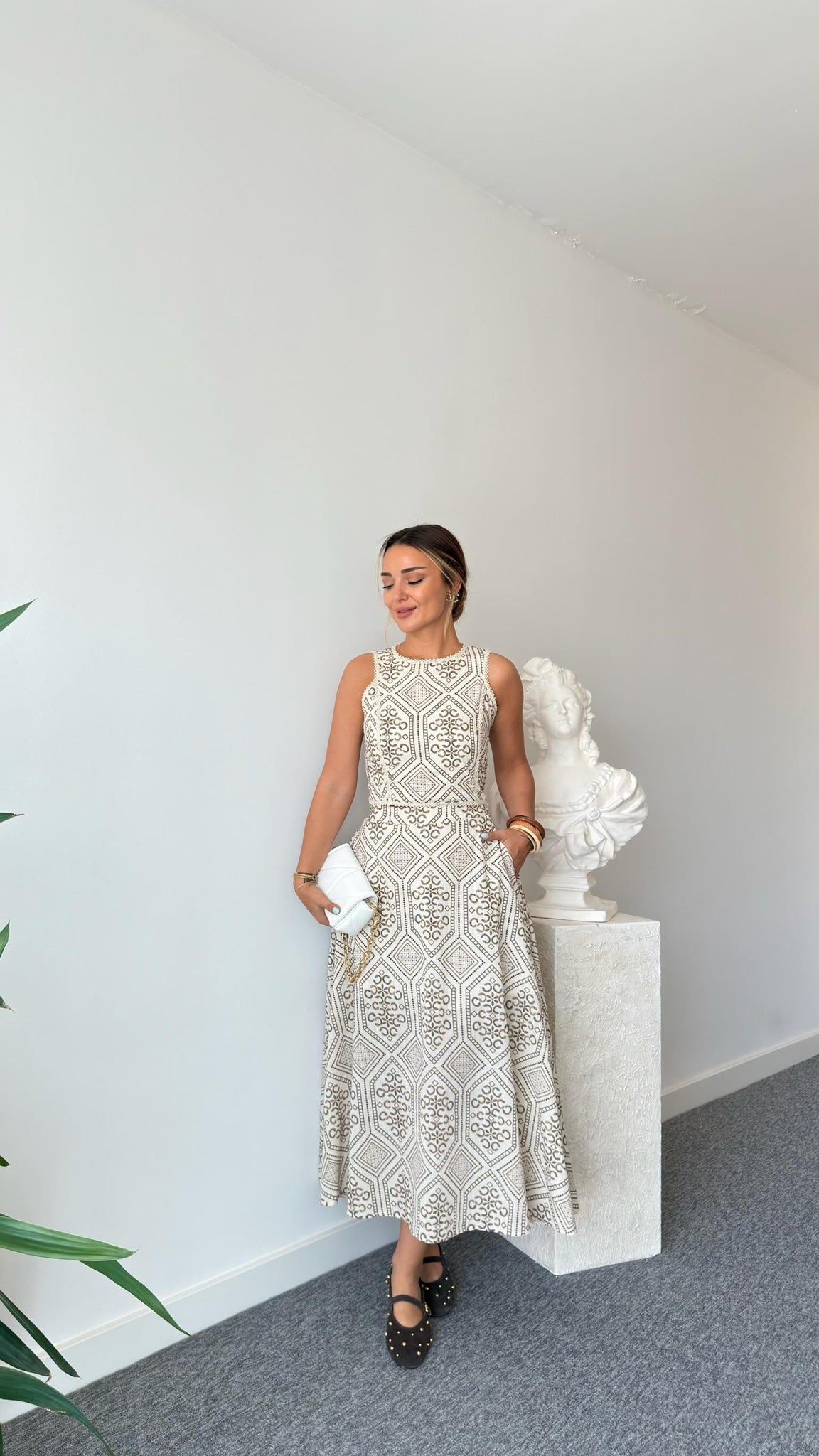 Brown Linen Patterned Skirt Suit