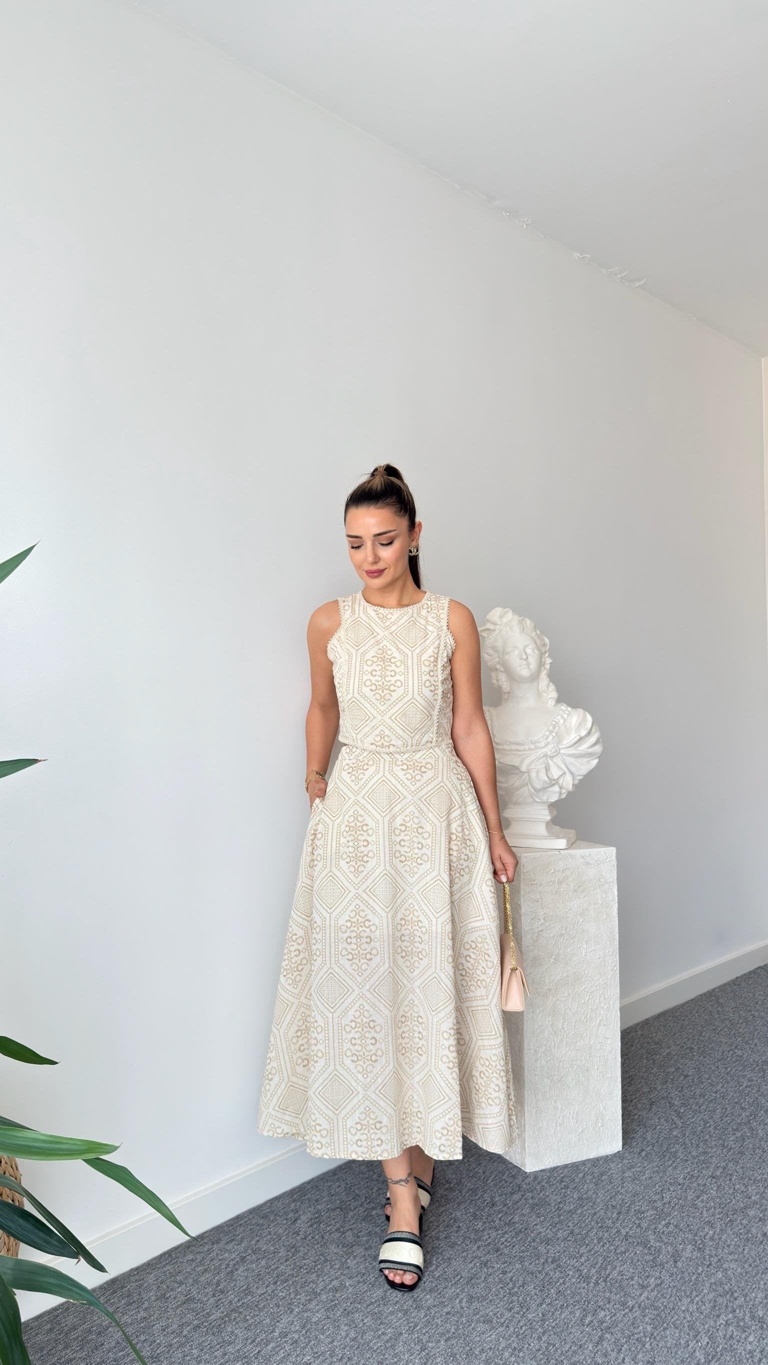 Patterned Linen Skirt Suit