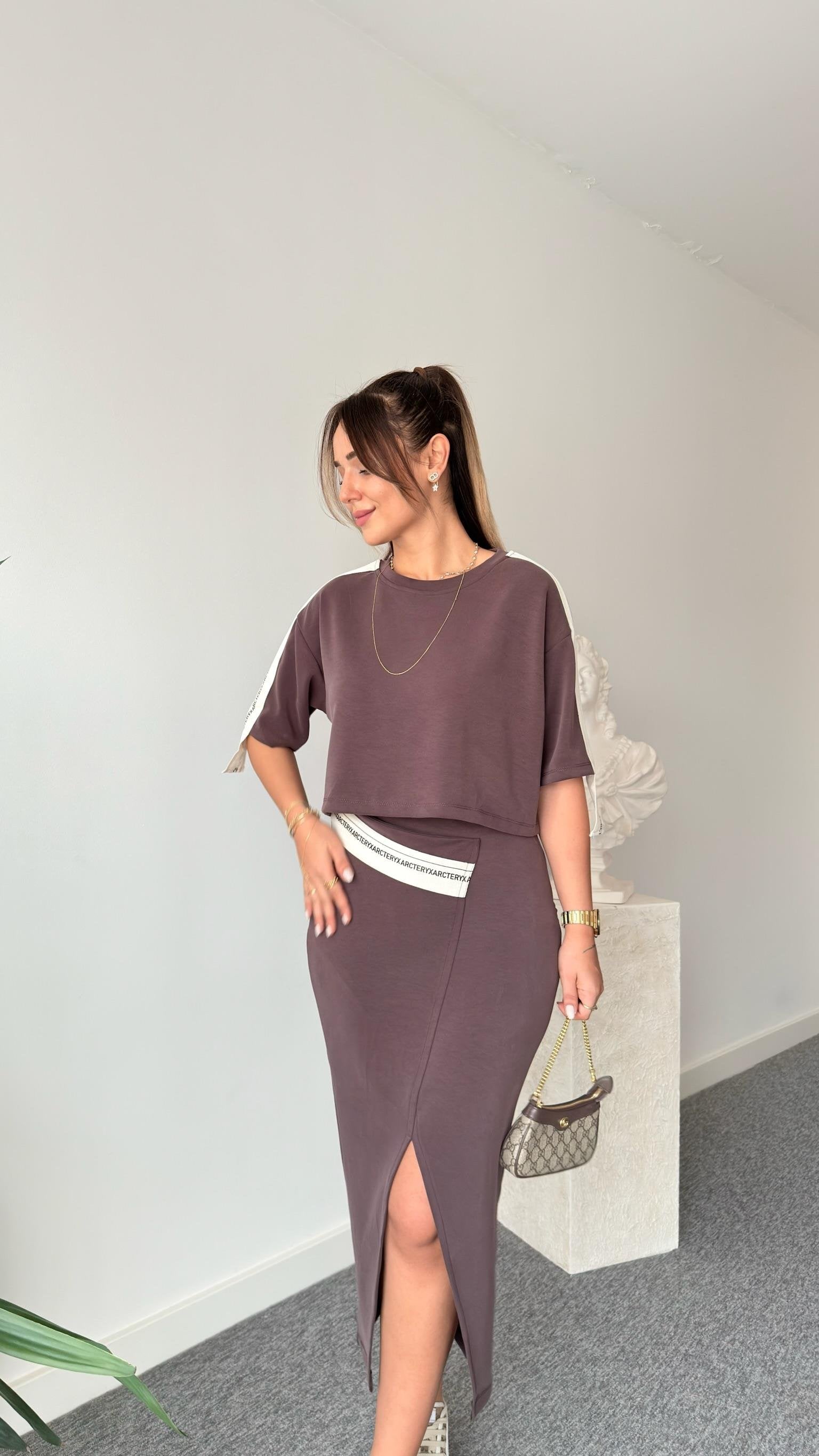 Brown Chima Modal Suit with Stripe Detailed Skirt
