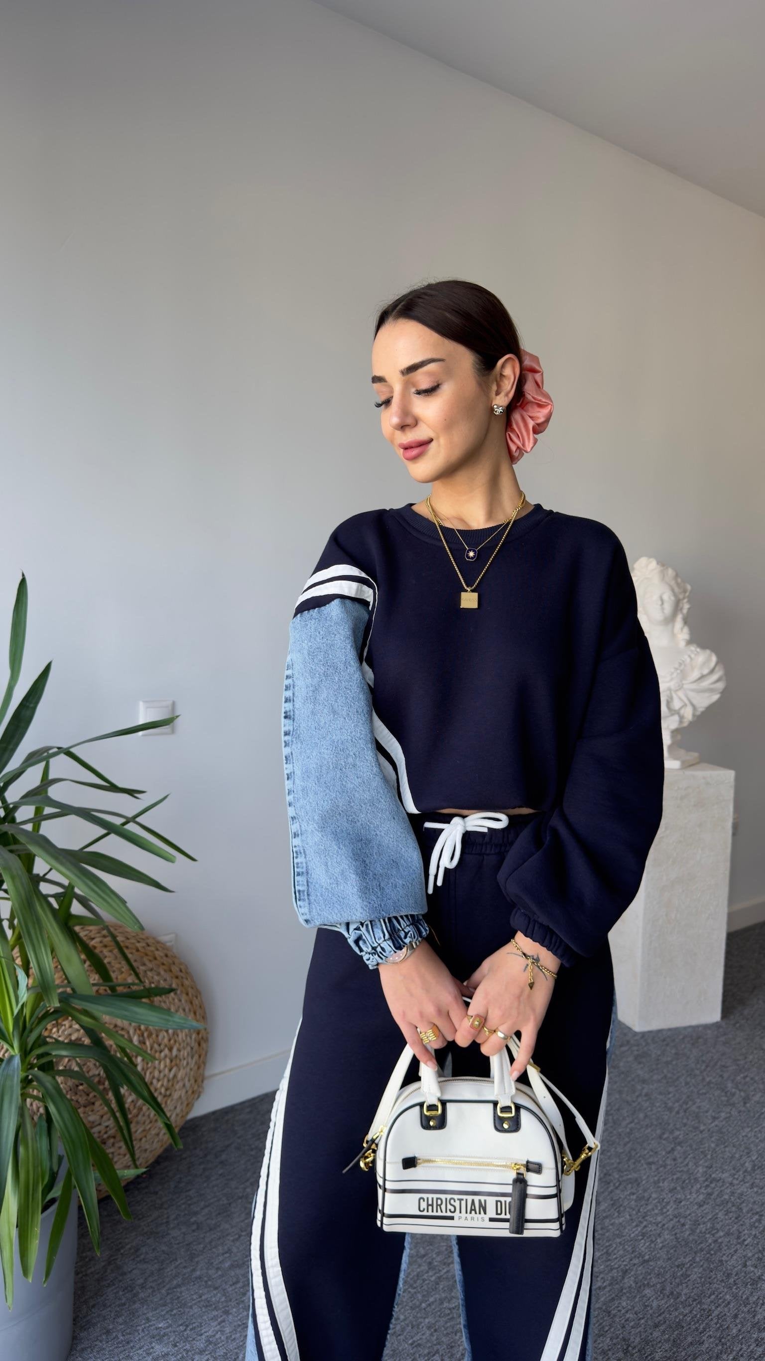 Liyz Striped Denim Detail Navy Tracksuit