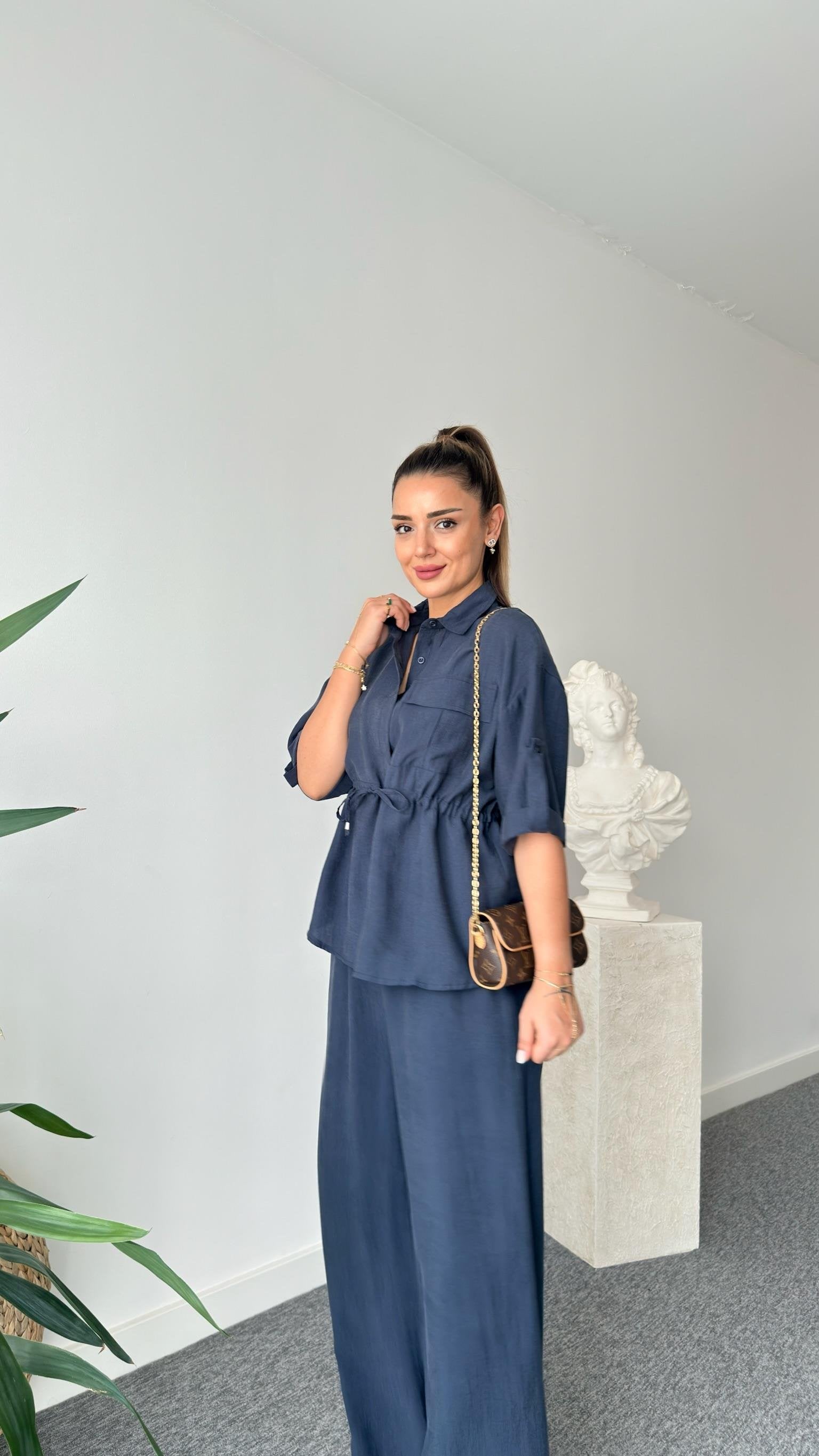 Navy Blue Breva Waist Pleated Tencel Suit