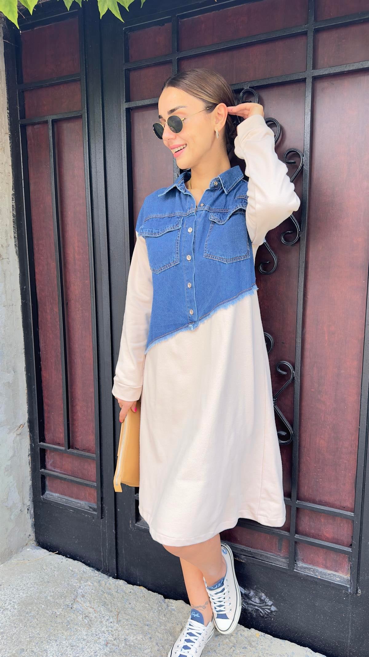 Denim Detail Beige Design Sweat Dress