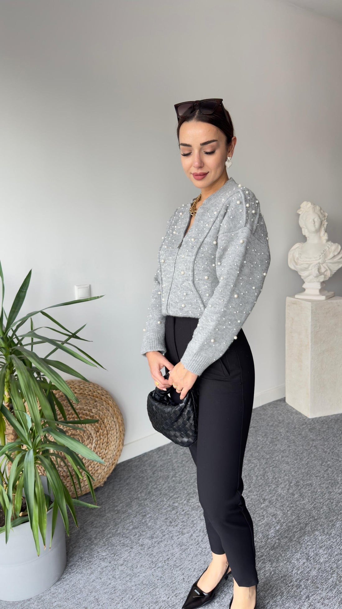 Zra Model Pearled Gray Knitwear Cardigan