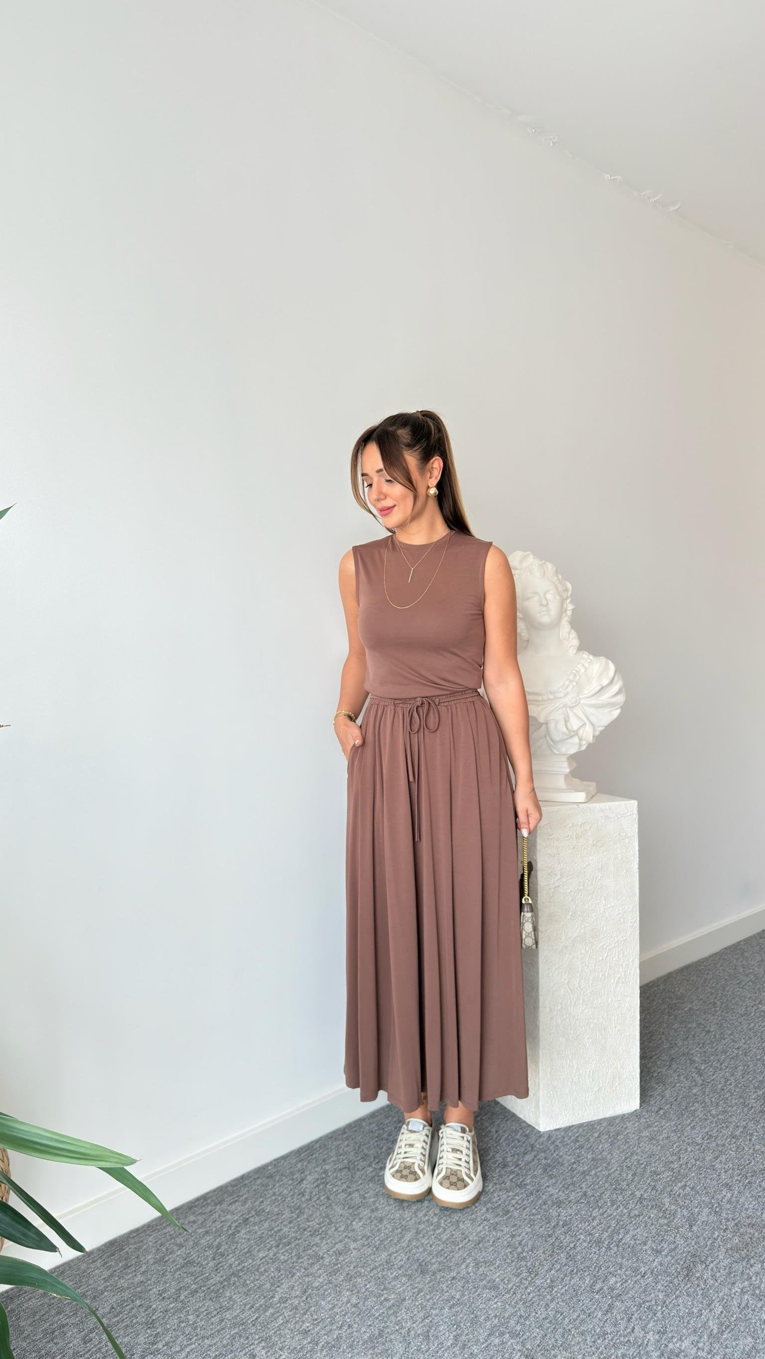 Brown Terula Flared Skirt Modal Suit skrit
