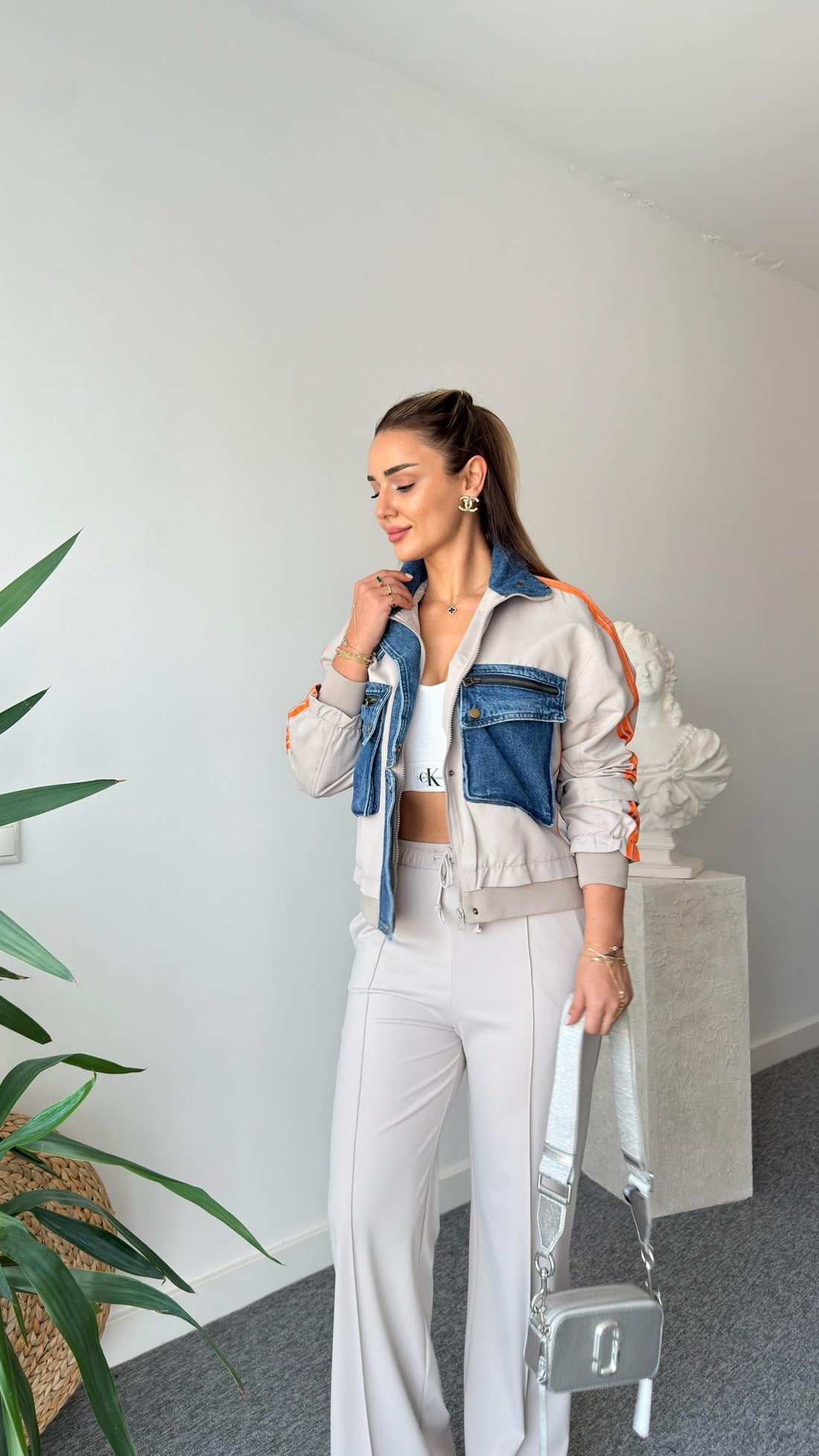 Beige Patrick Denim Garnished Striped Jacket
