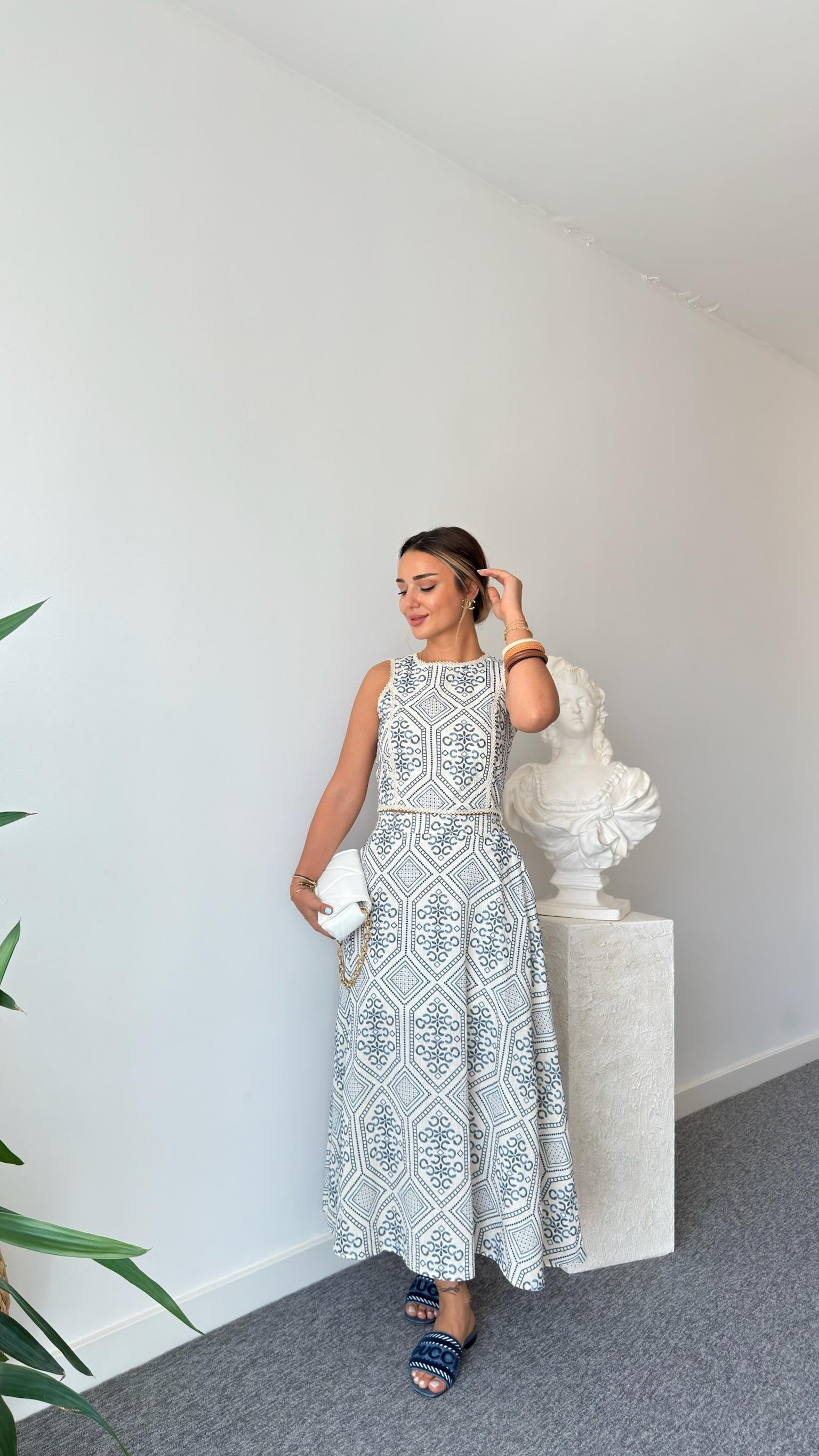 Navy Blue Linen Patterned Skirt Suit