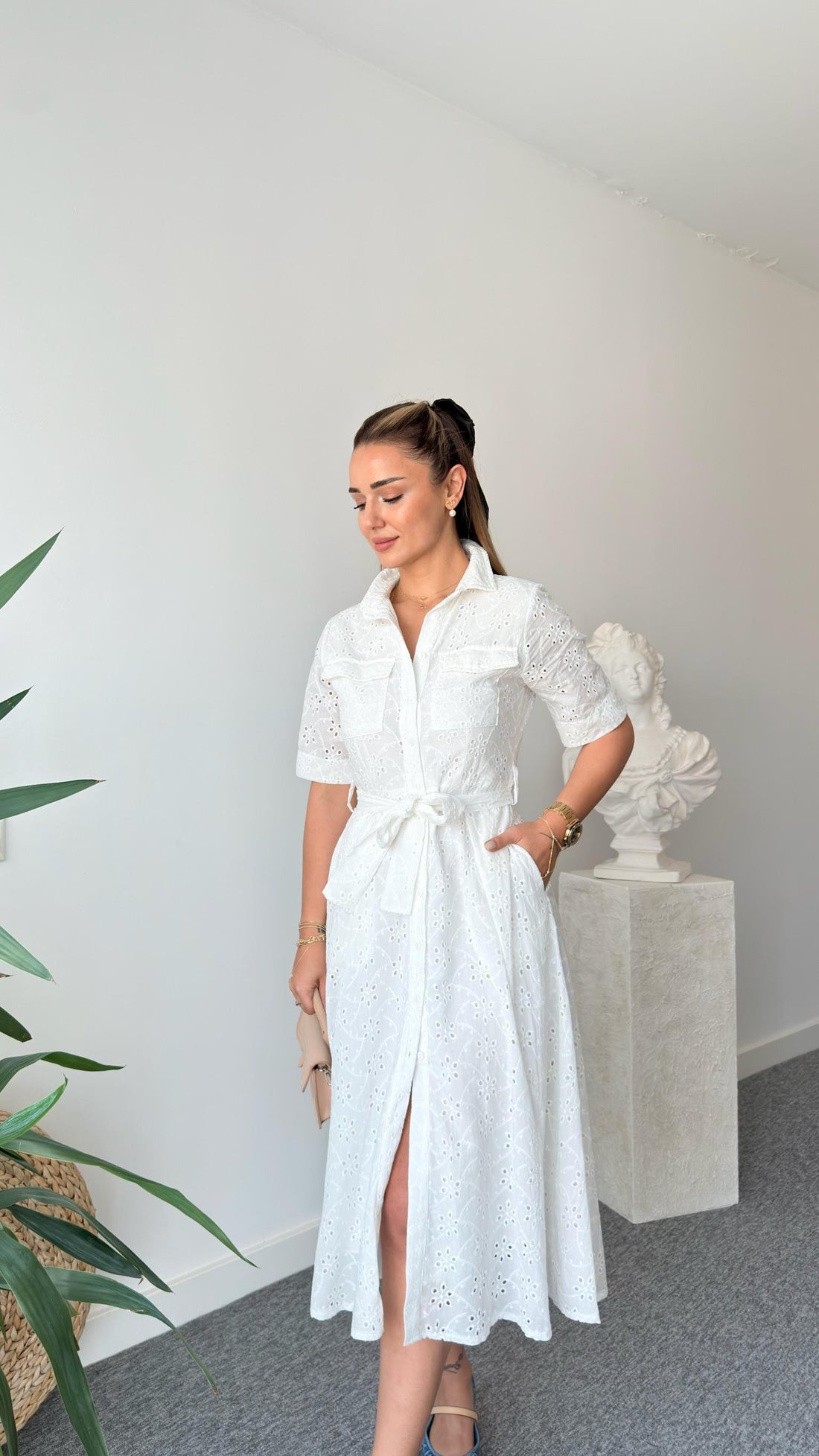 White Ribbed Belted Scalloped Dress